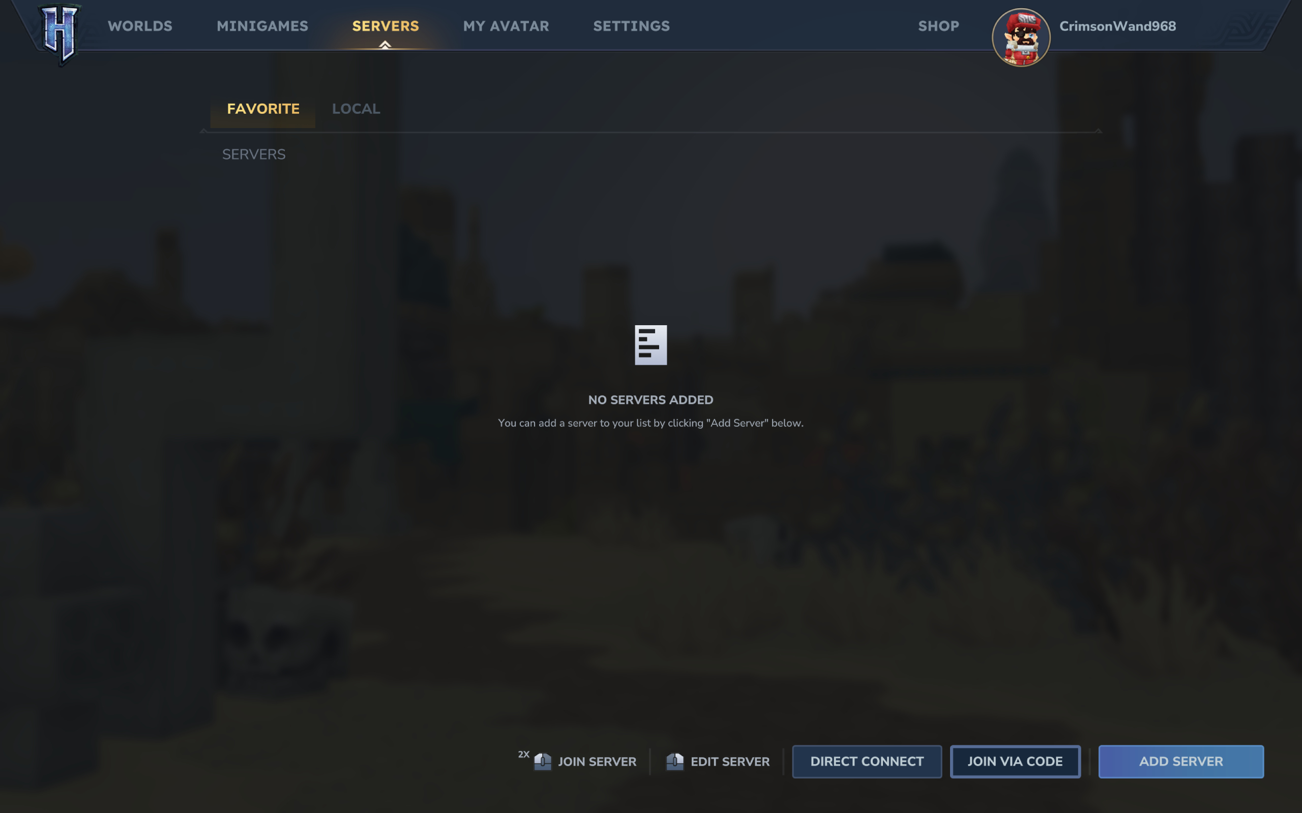 Hytale multiplayer server: The server menu where you can select to join a multiplayer world using a share code.