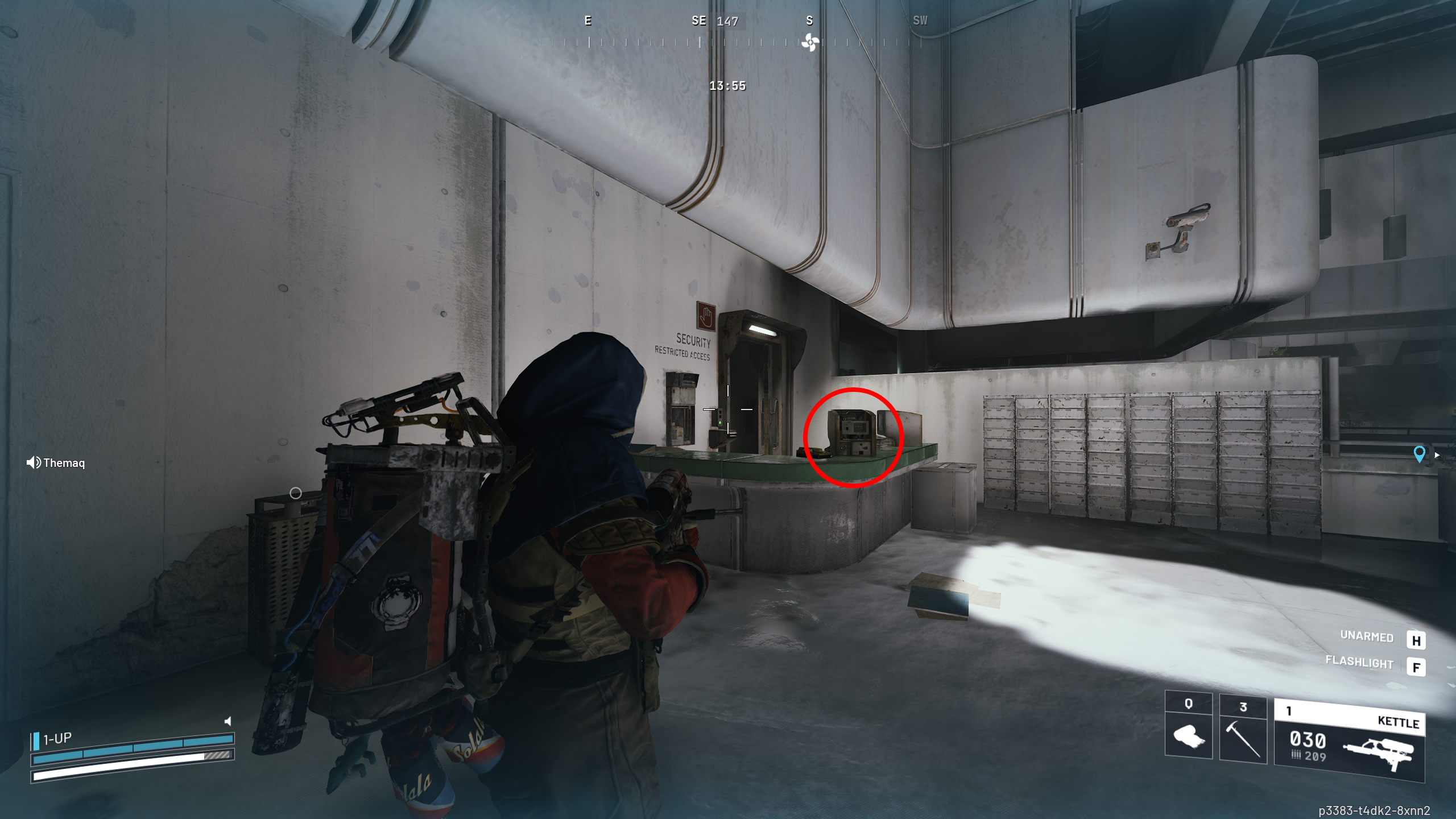Arc Raiders On Deaf Ears: A player looking at the reception desk outside the Security room in the Lobby. The computer is marked with a red circle.