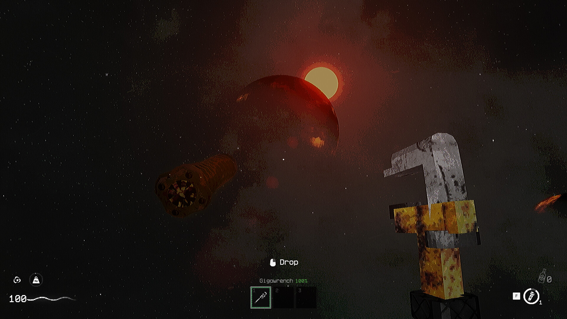 Looking out into a strange void while holding a wrench in Kletka.