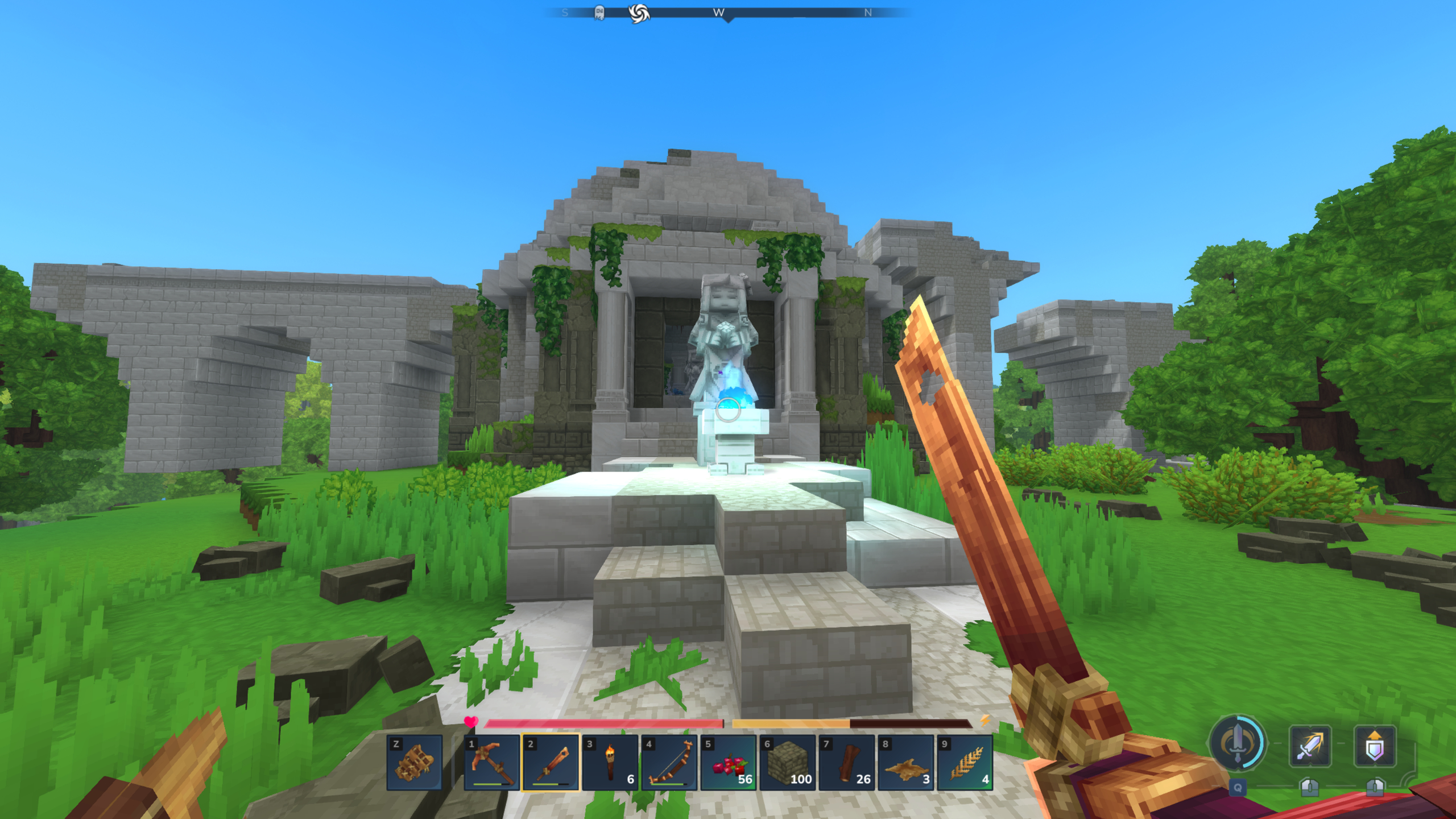 Hytale Memories: A player holding a copper sword, standing outside the Forgotten Temple.