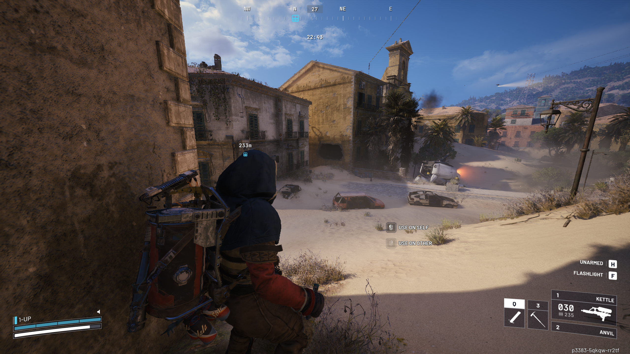 Arc Raiders Combat Recon: A player looking at a Bombardier in the distance, next to buildings in the Buried City.