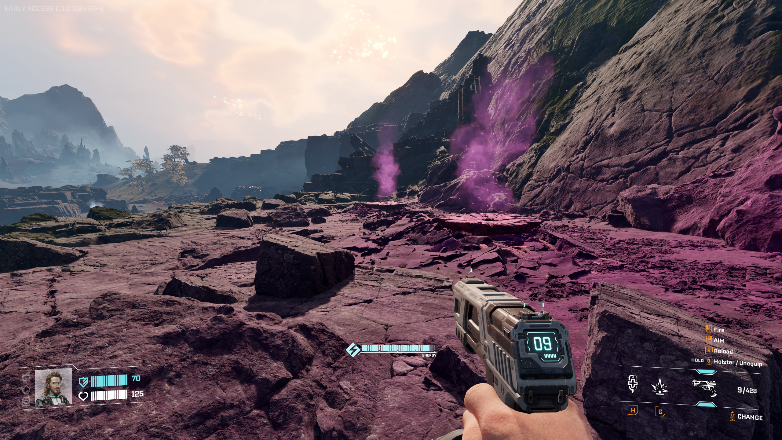 StarRupture Helium location: A player looking at a Helium-3 deposit, a large pink/purple geyser, at the base of a mountain.