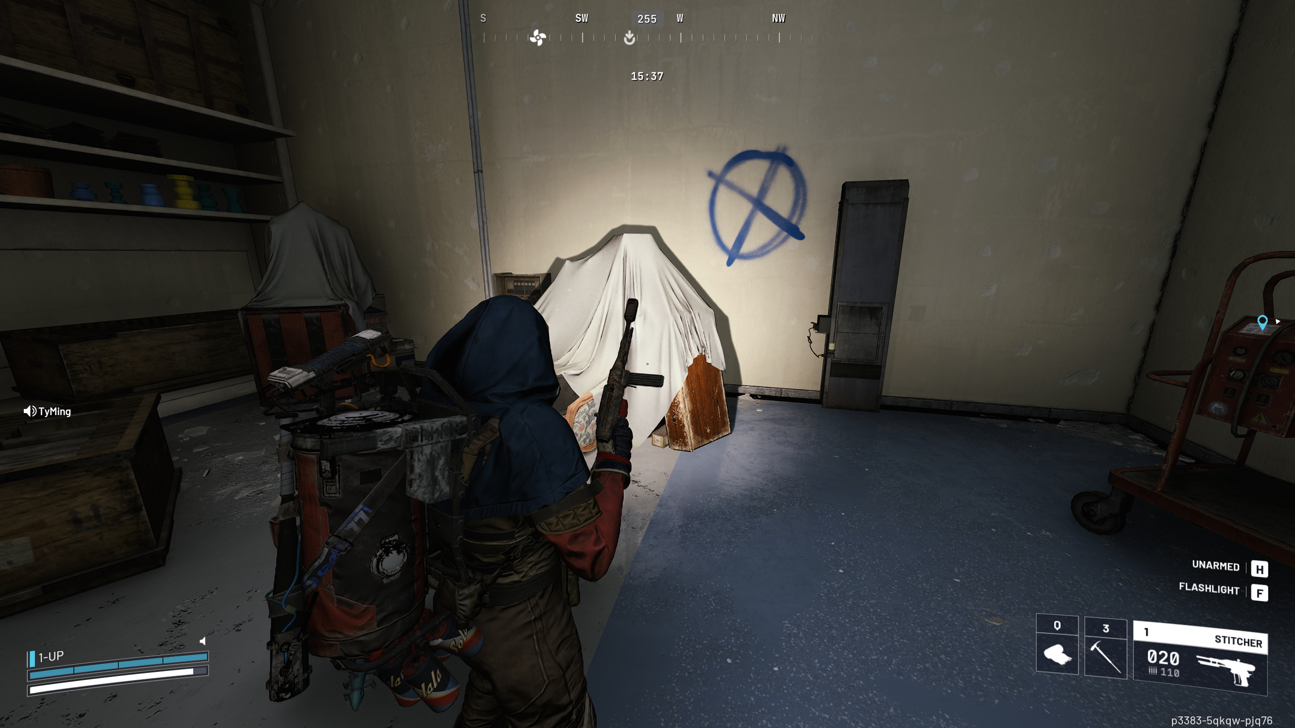 Arc Raiders Movie Night: A player looking at a pile of old furniture in a dark room, using a flashlight.