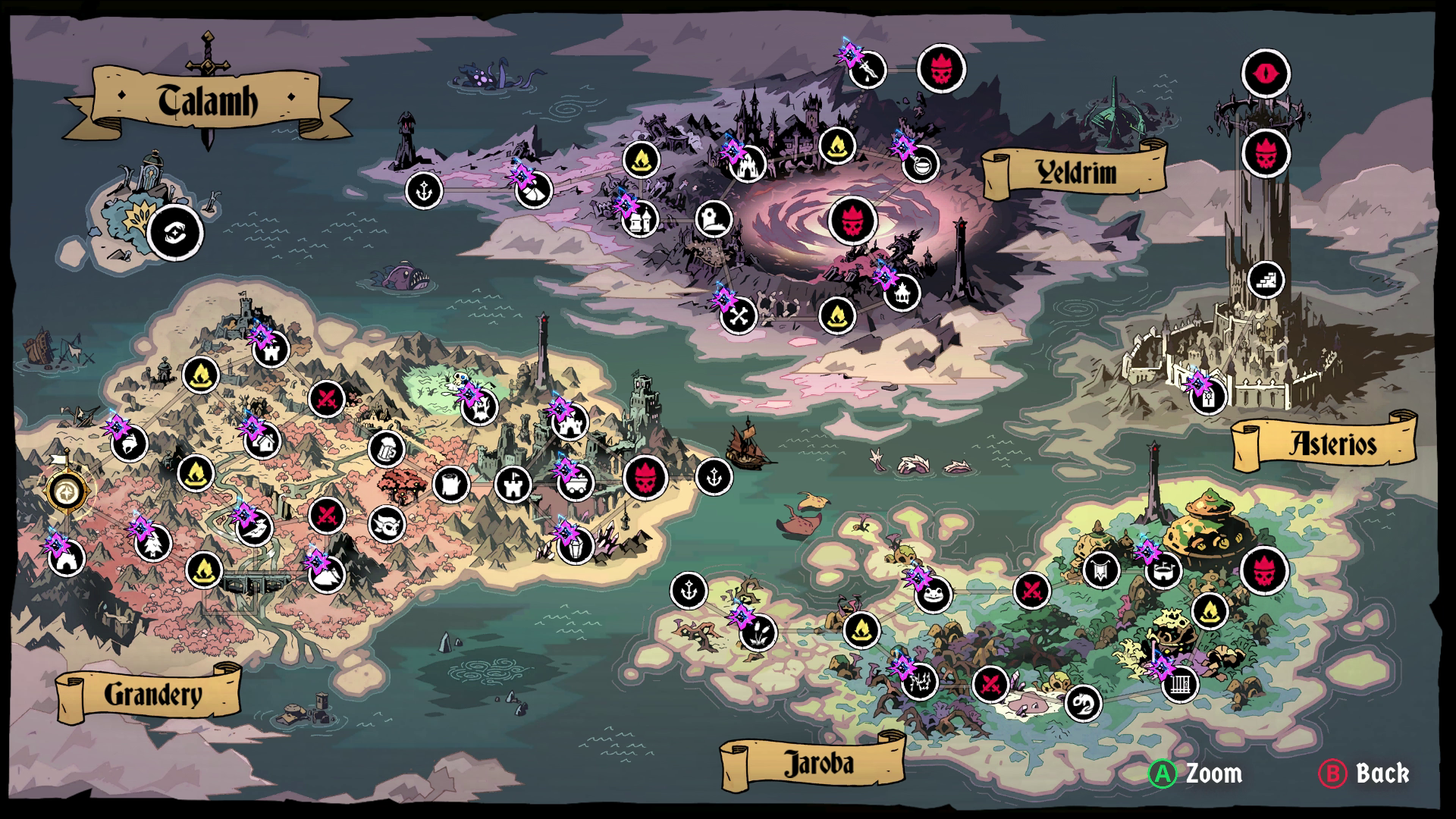 The map screen showing corrupted regions in Absolum. 