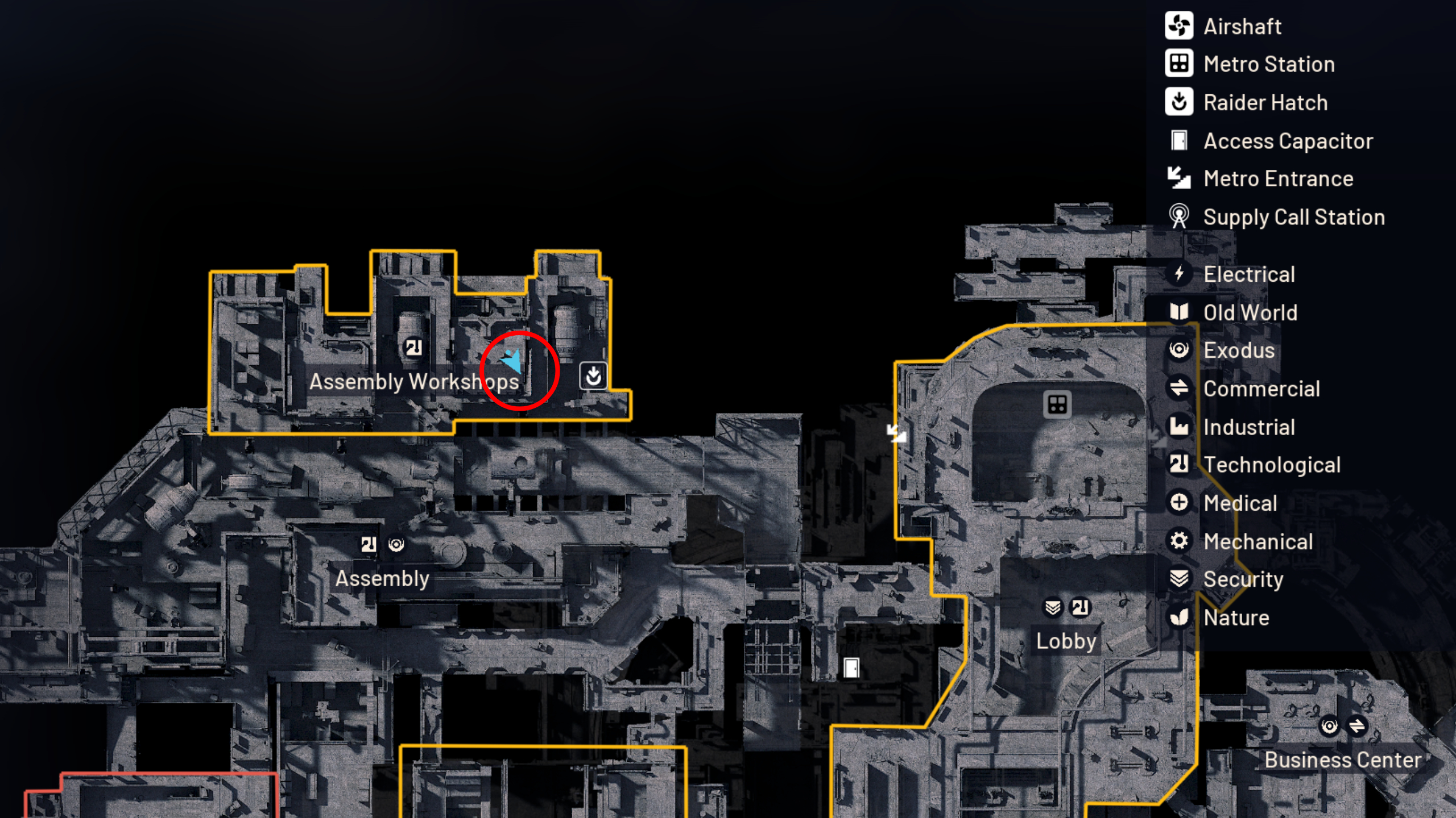 Arc Raiders On Deaf Ears: A map with a red circle highlighting the Assembly Workshops area of Stella Montis, where you can collect the shipping logs.