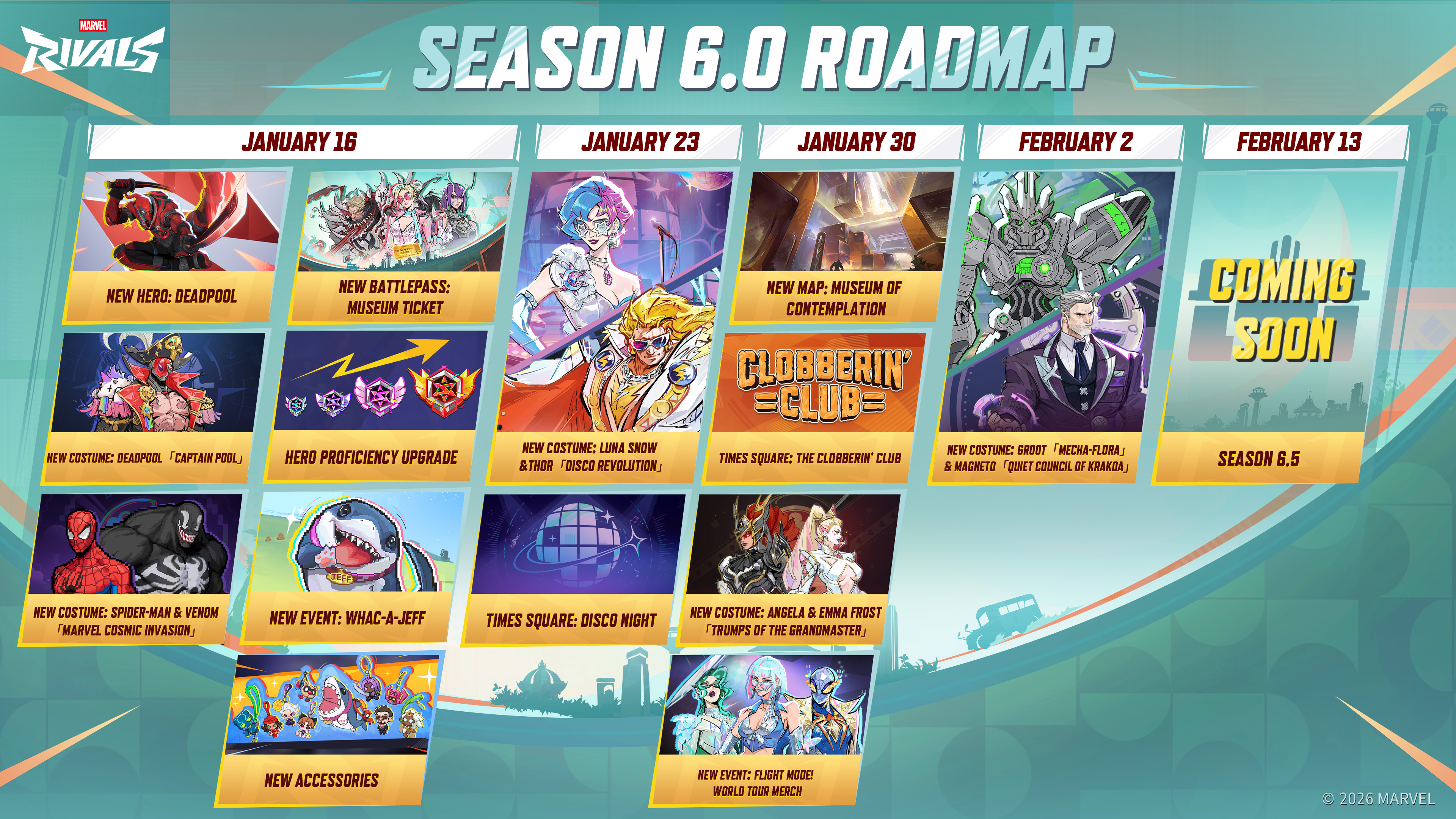 Marvel Rivals: The Season 6 roadmap infographic showing all the new content in the update.