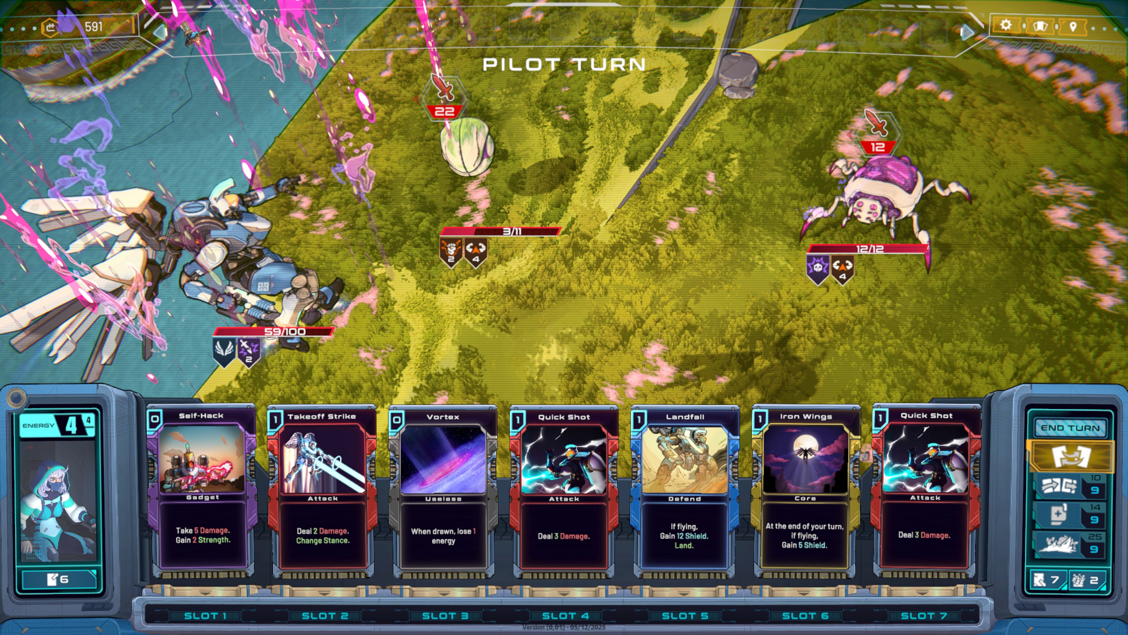 A battle in Mechborn, with the mech flying above enemies.