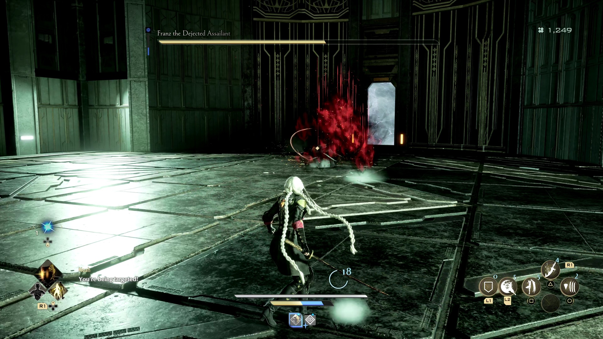 Code Vein 2 Franz Dejected Assailant boss guide: The player fighting Franz, who's glowing red in the distance.