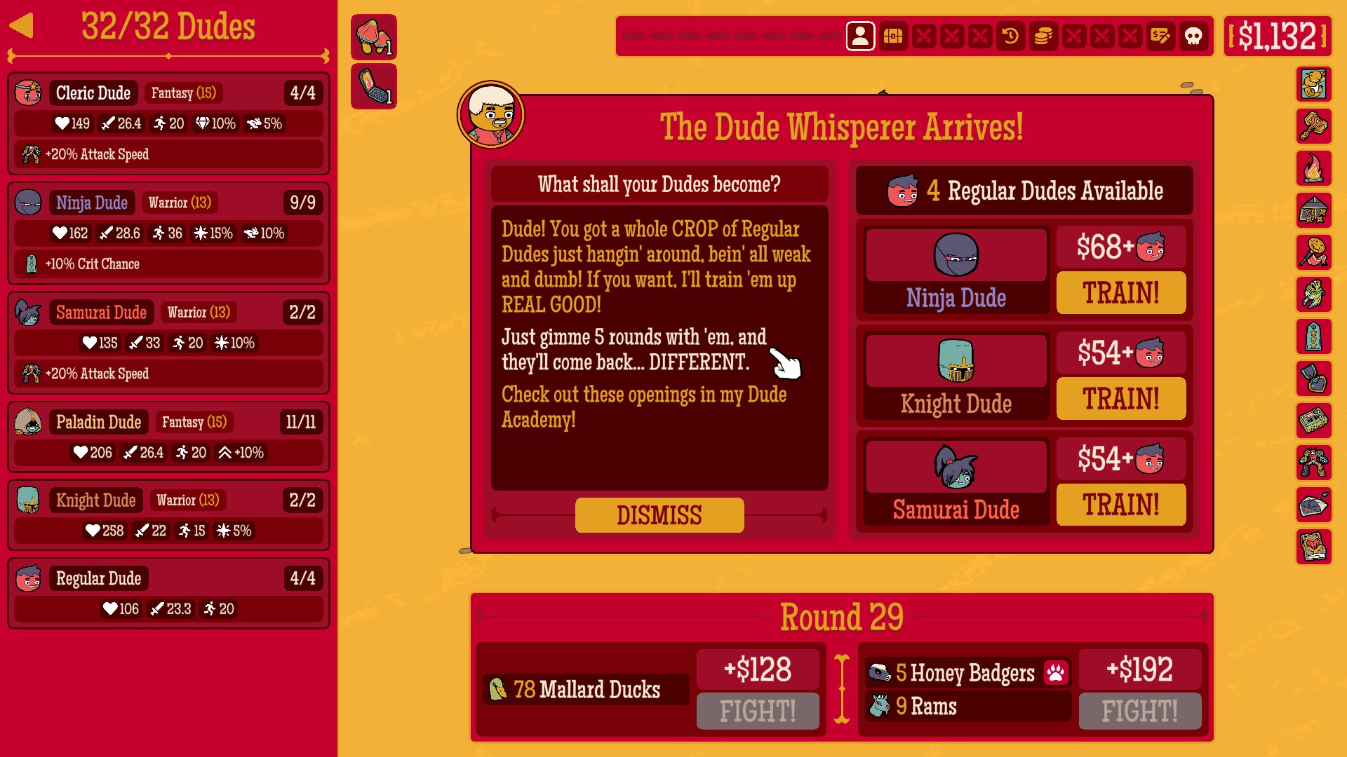 Several screenshots from How Many Dudes? by developer Butterscotch Shenanigans, demonstrating a variety of gameplay mechanics.