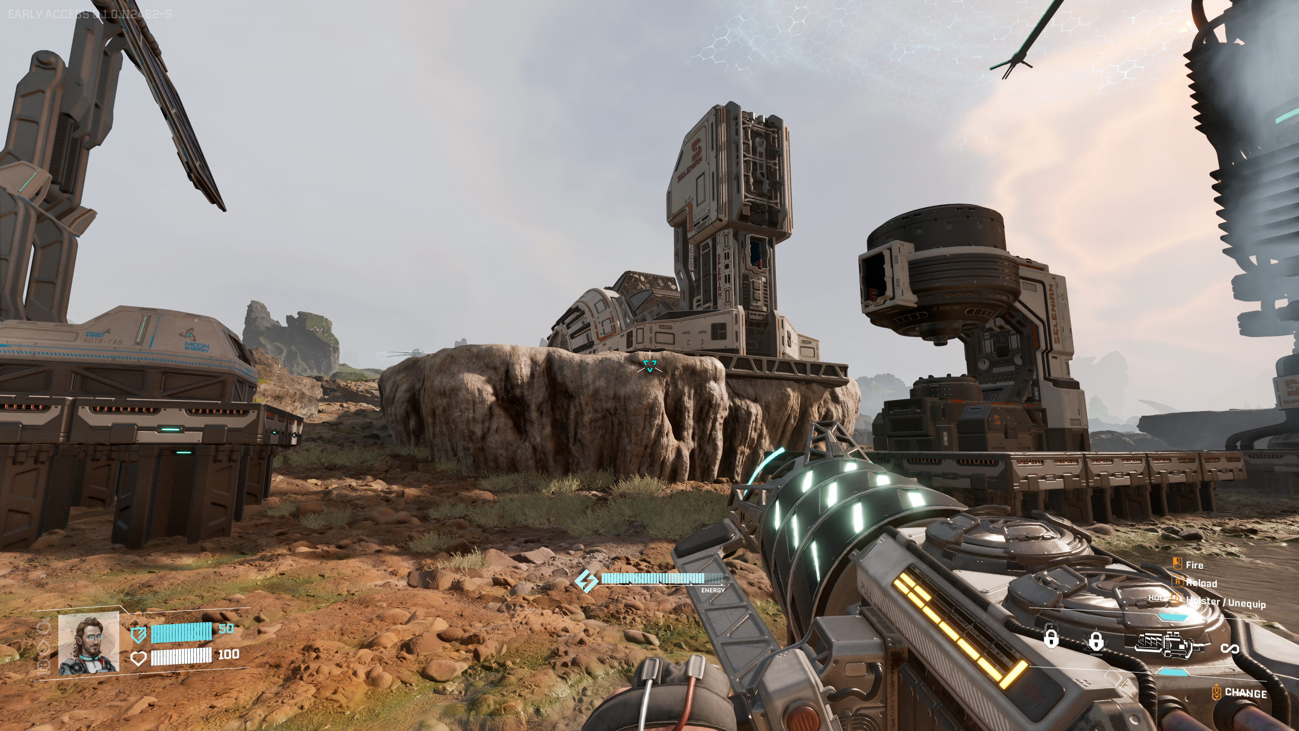 StarRupture Calcium Ore: A player looking at a Calcium Ore deposit with an excavator and other machine nearby.