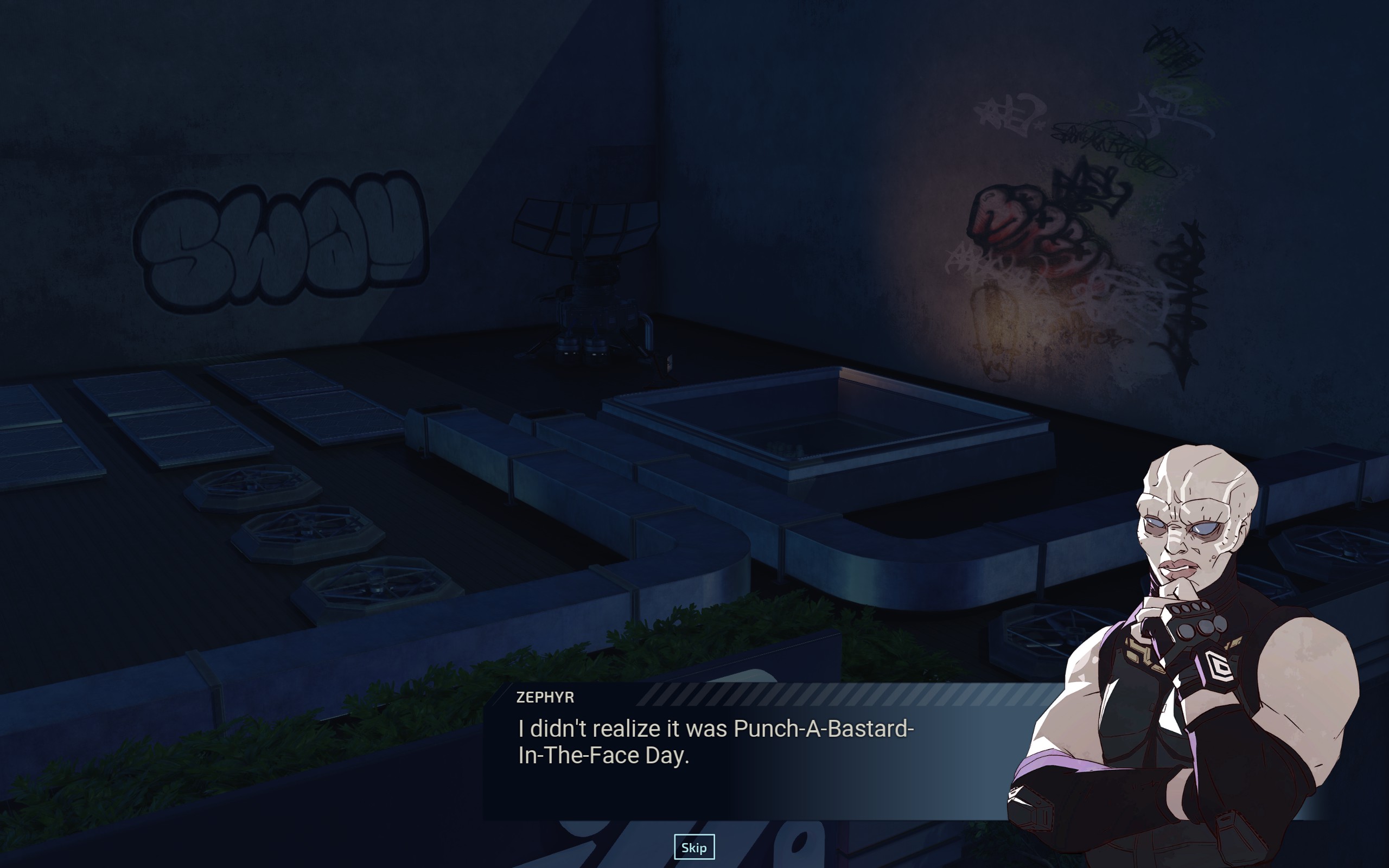 Chimera Squad's Australian hybrid Zephyr says, "I didn't realize it was Punch-A-Bastard-In-The-Face Day."