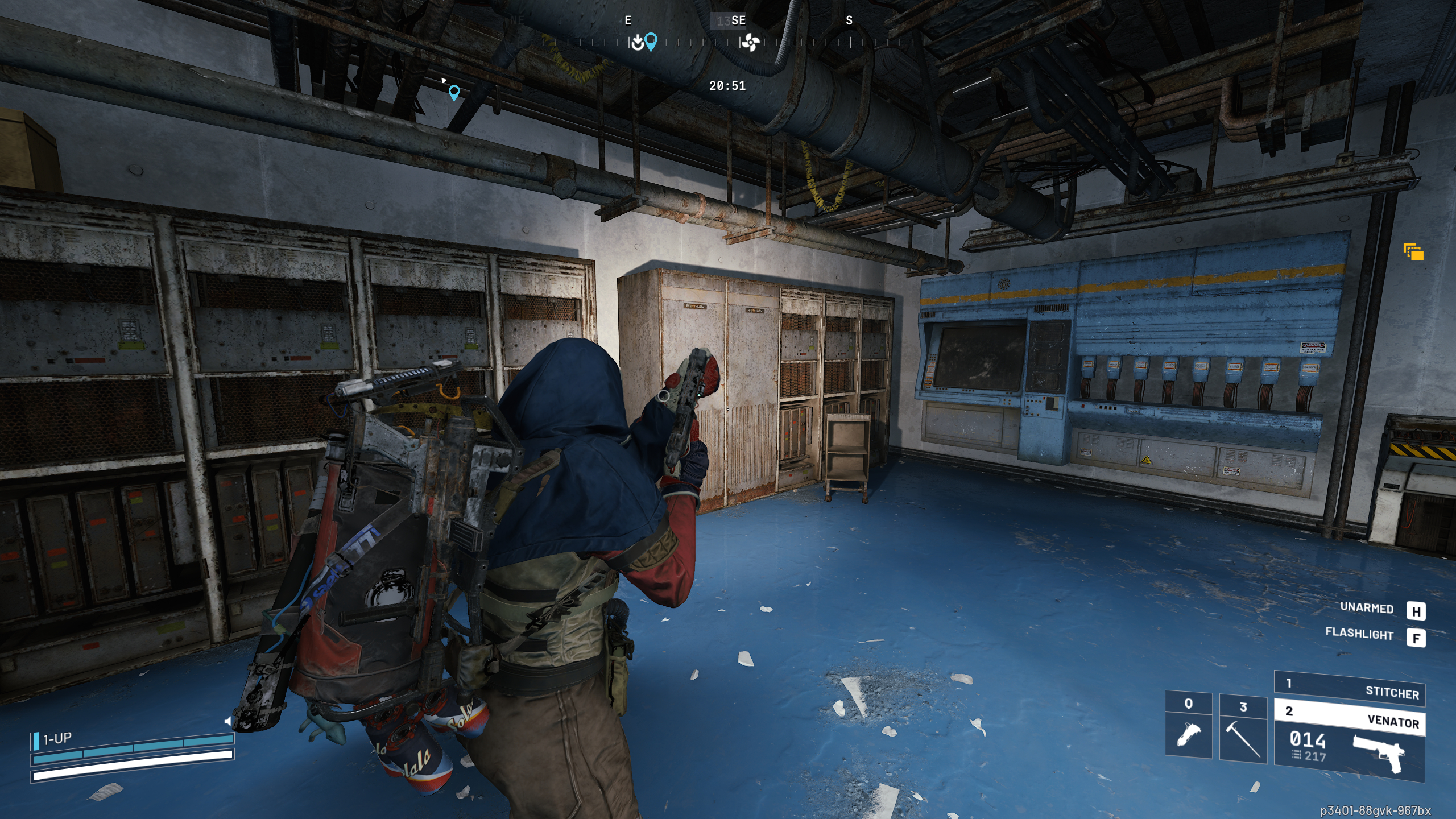 Arc Raiders Geiger Counter: A player looking at a server cabinet in a dark workshop using a flashlight.