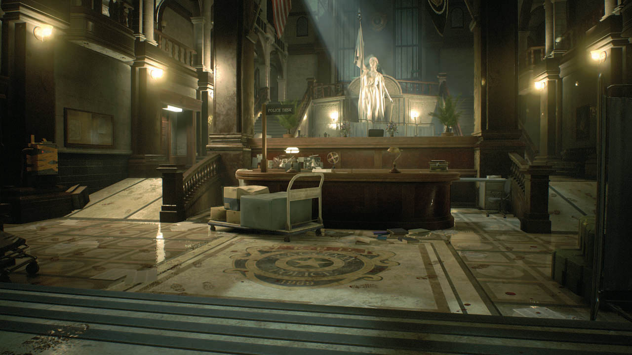 Resident Evil 2 Remake - the main hall of the RPD