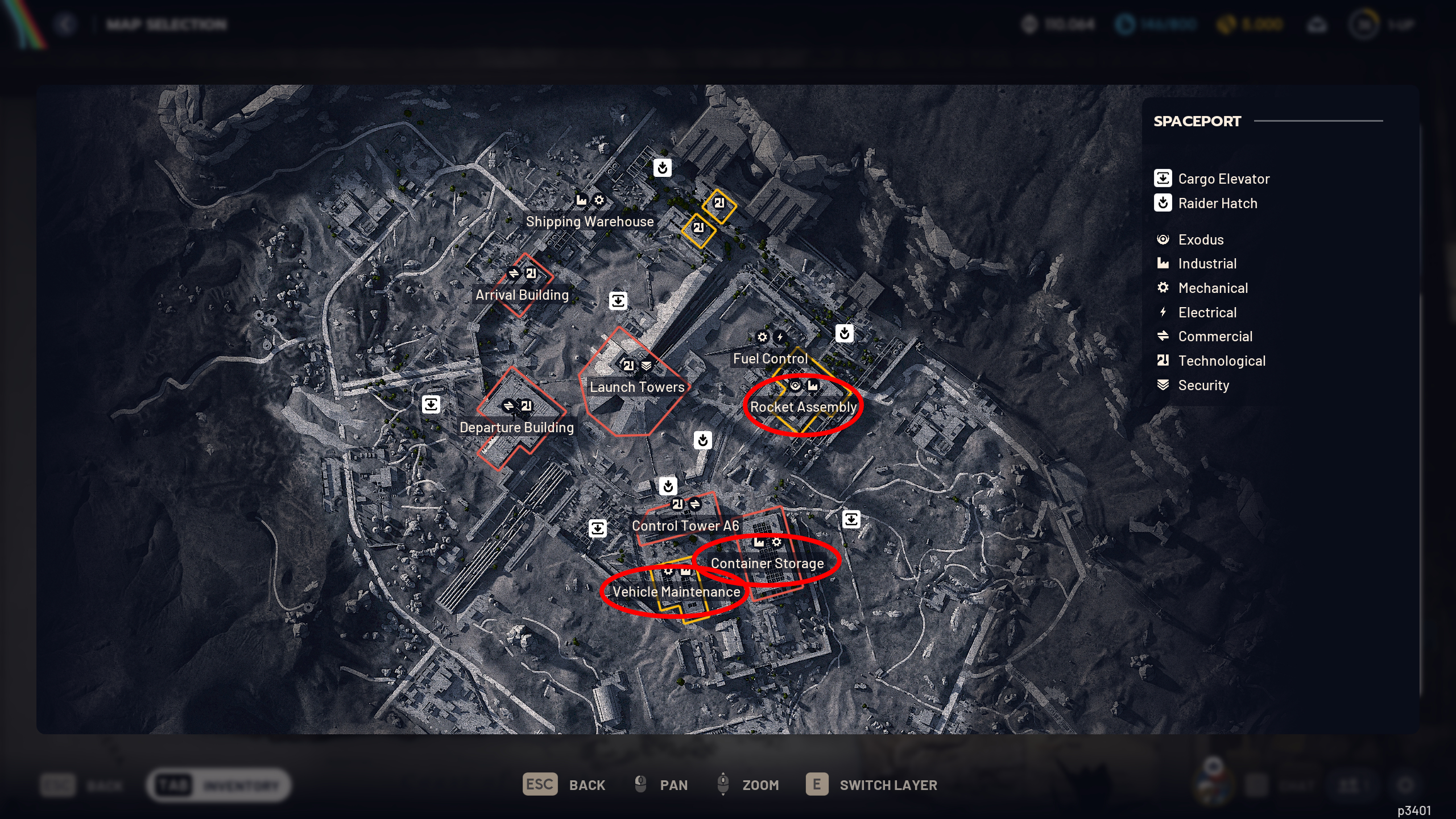 Arc Raiders Cooling Coil: A map of Spaceport with three red ovals highlighting key locations where you can find this material.