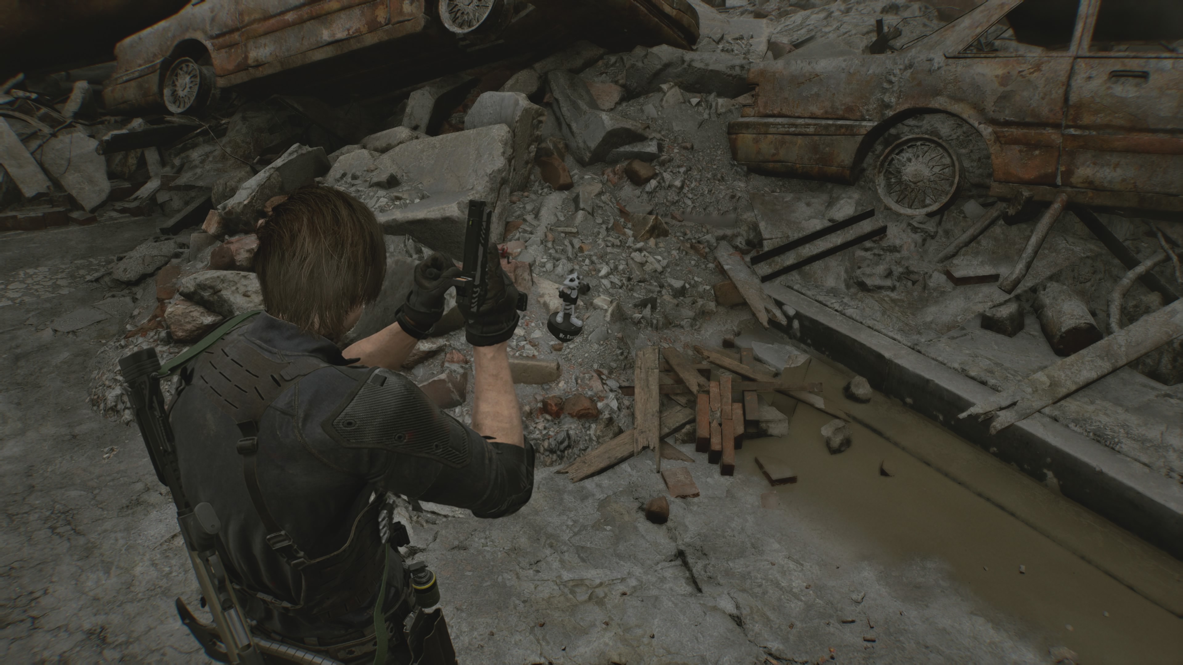 Resident Evil Requiem Mr. Raccoon by some cars 