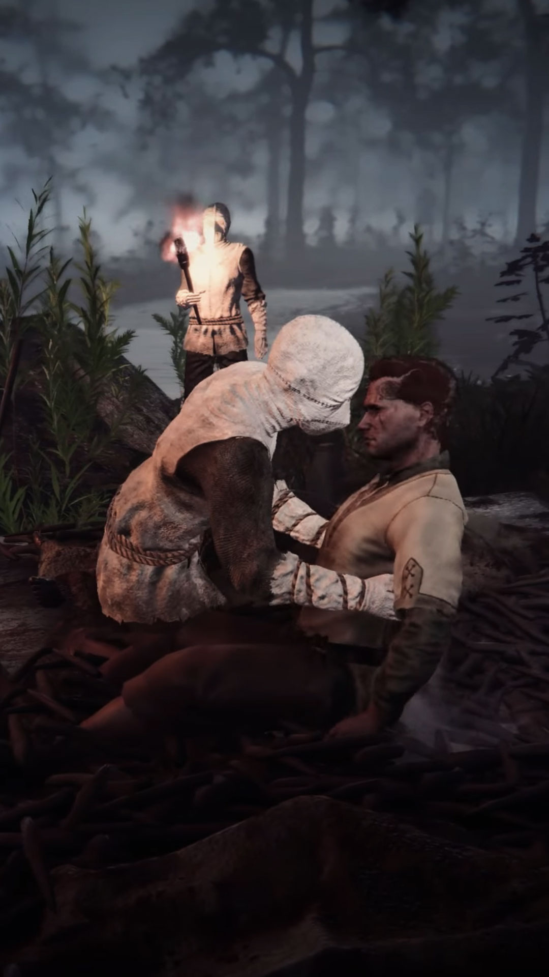 Plague doctor laying down a dead patient while another holds a fire in the background