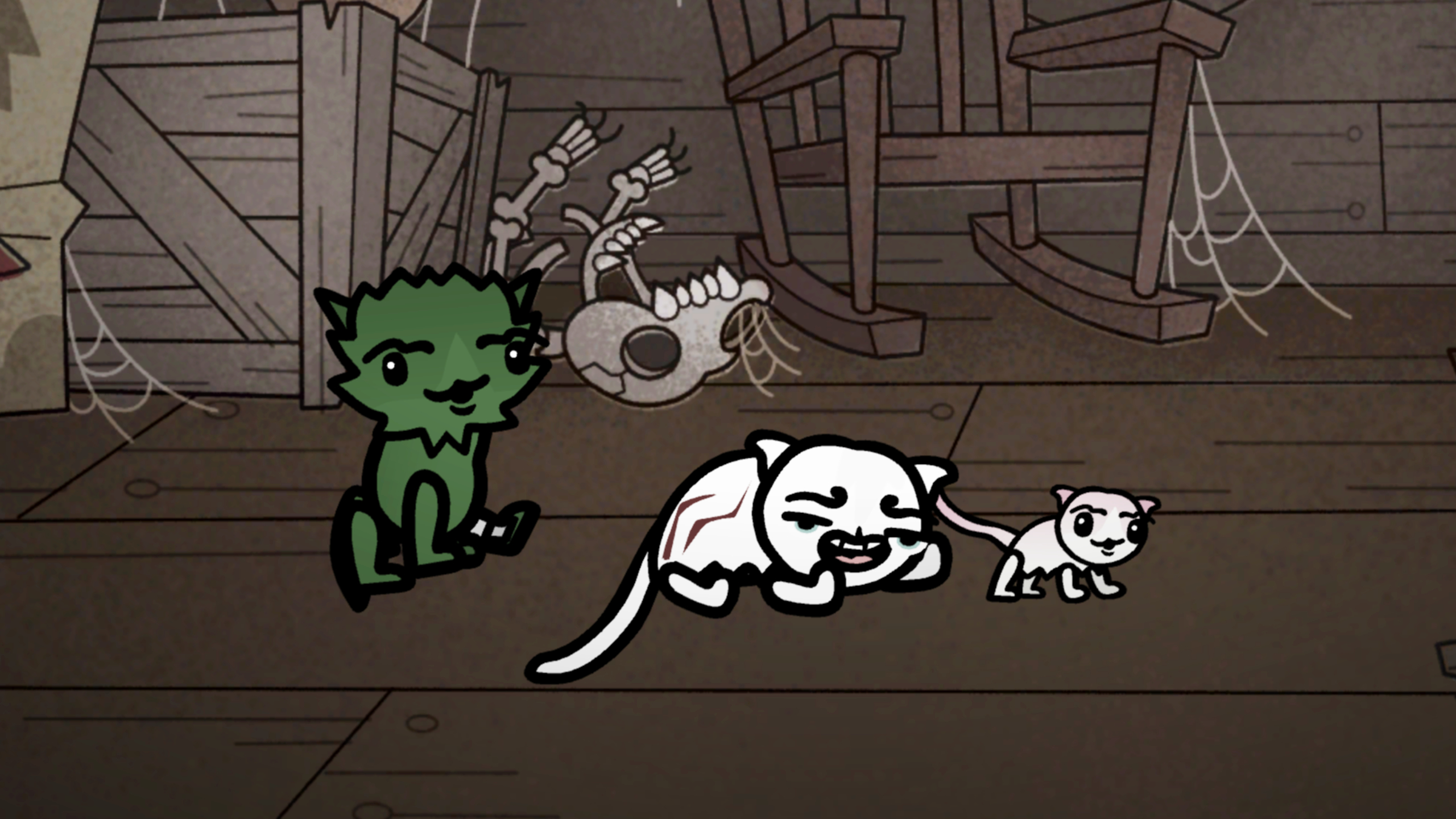 Mewgenics breeding guide: A green cat on the left next to a white cat on the floor and their kitten.