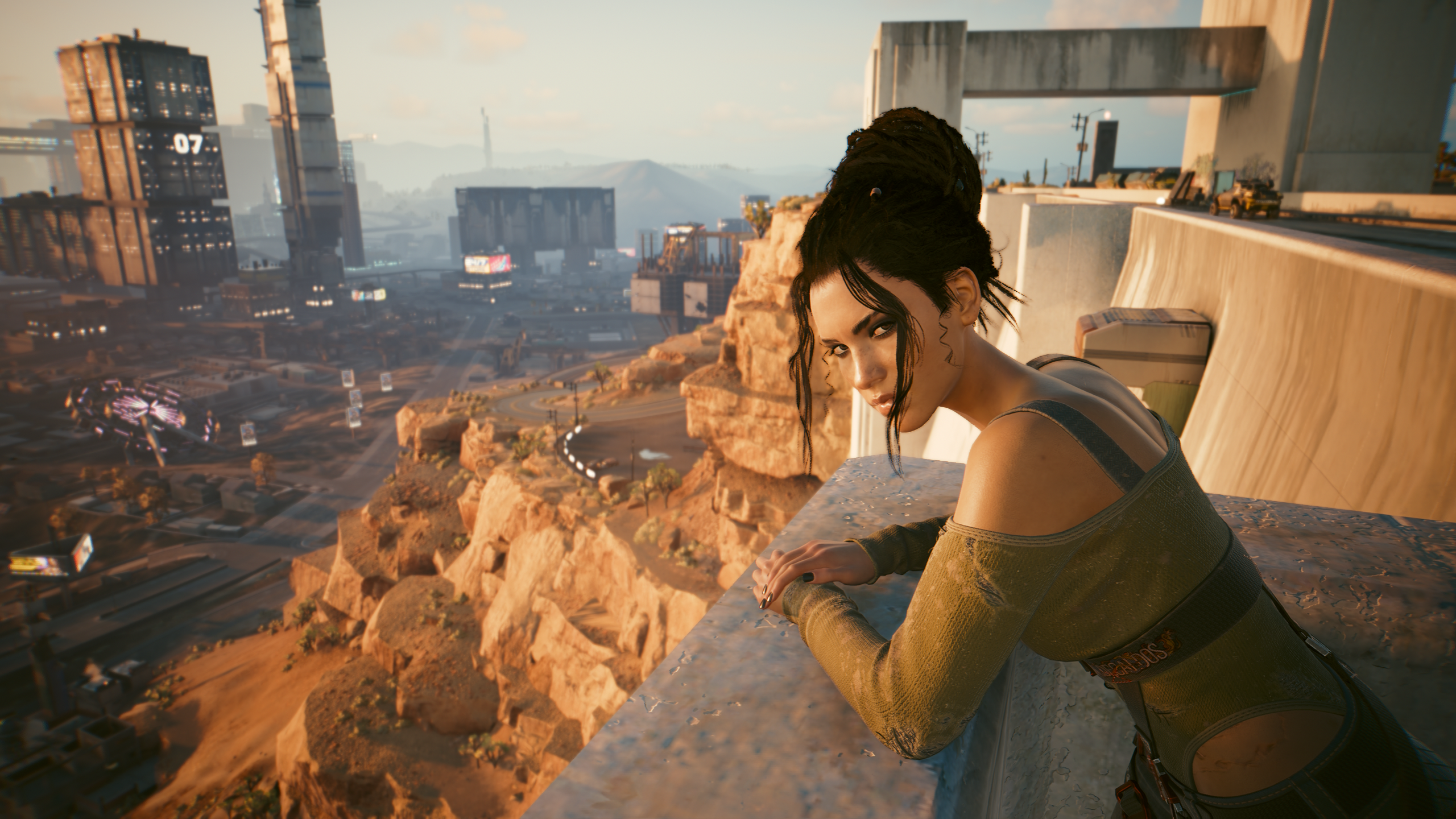 Cyberpunk 2077 woman looking over a cliff