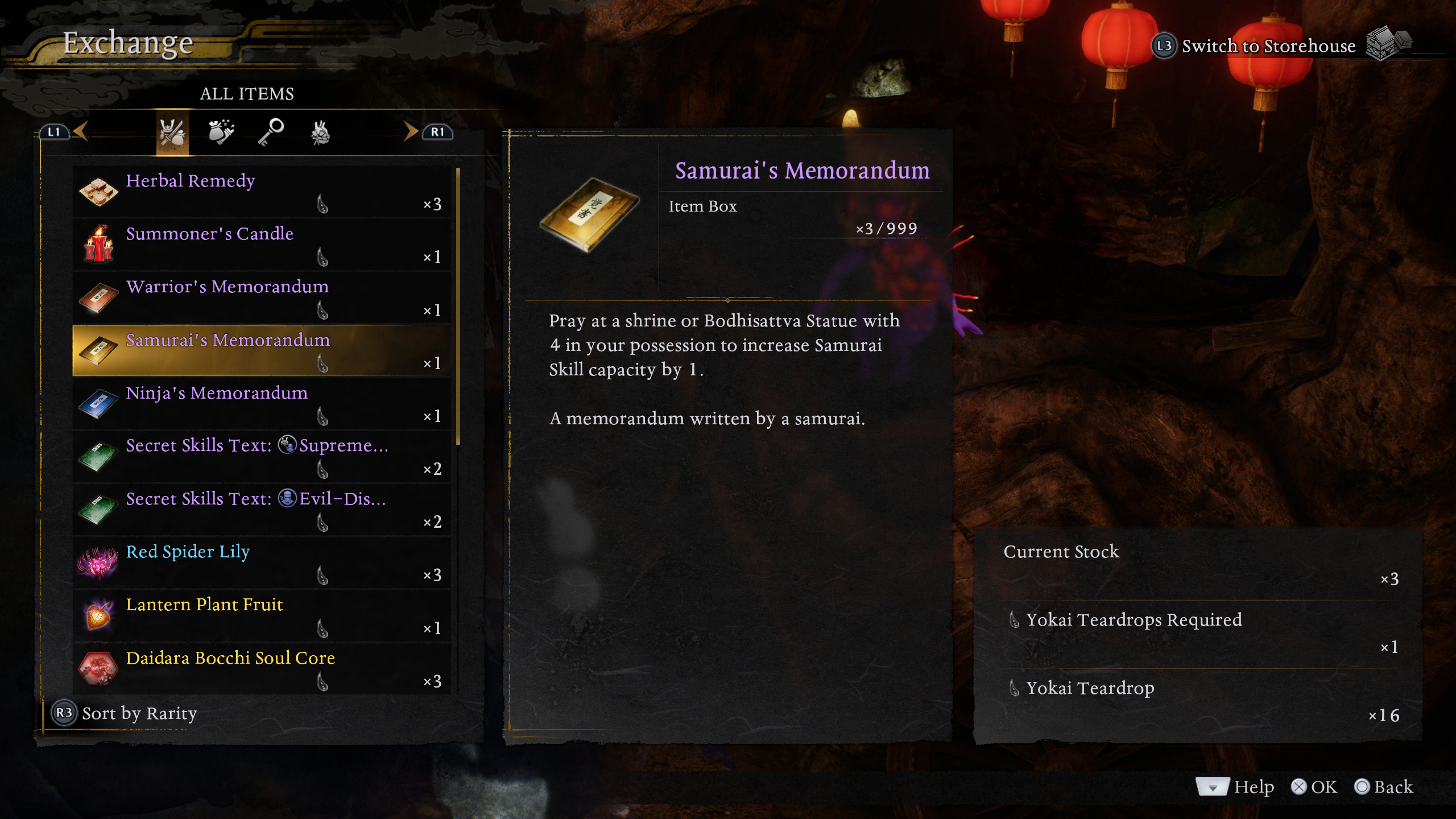 Nioh 3 skill capacity: A player looking at a Samurai's Memorandum at a merchant.