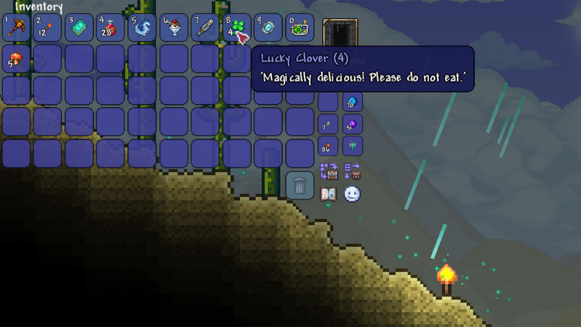 Terraria 1.4.5 - The Lucky Clover tool tip that reads 'Magically delicious! Please do not eat."