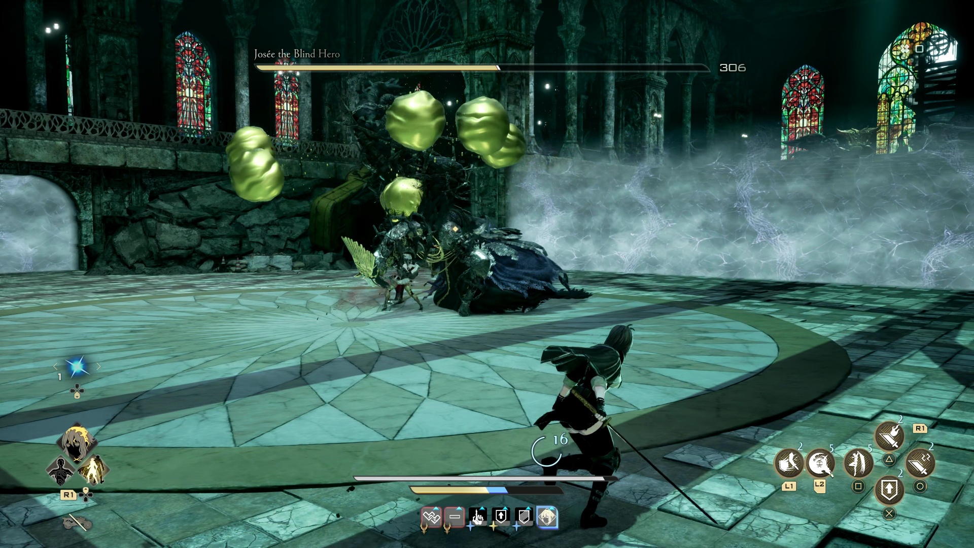 Code Vein 2 Josee: The player avoids as Josee creates green orbs in the distance.