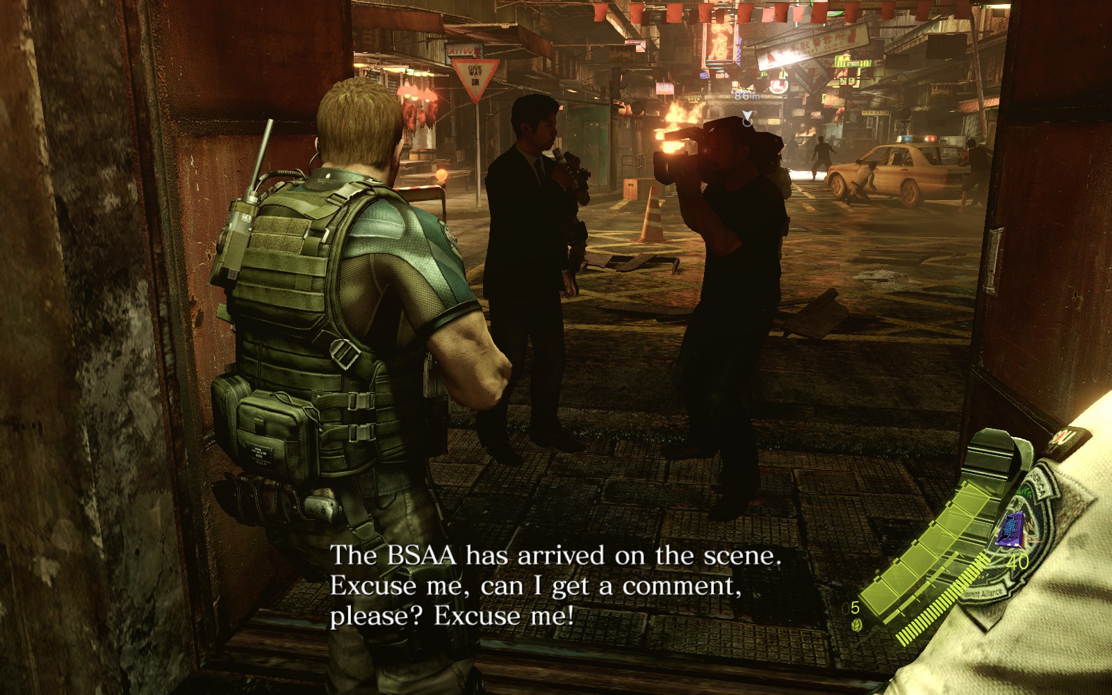 Chris walking past a news crew in Resident Evil 6.