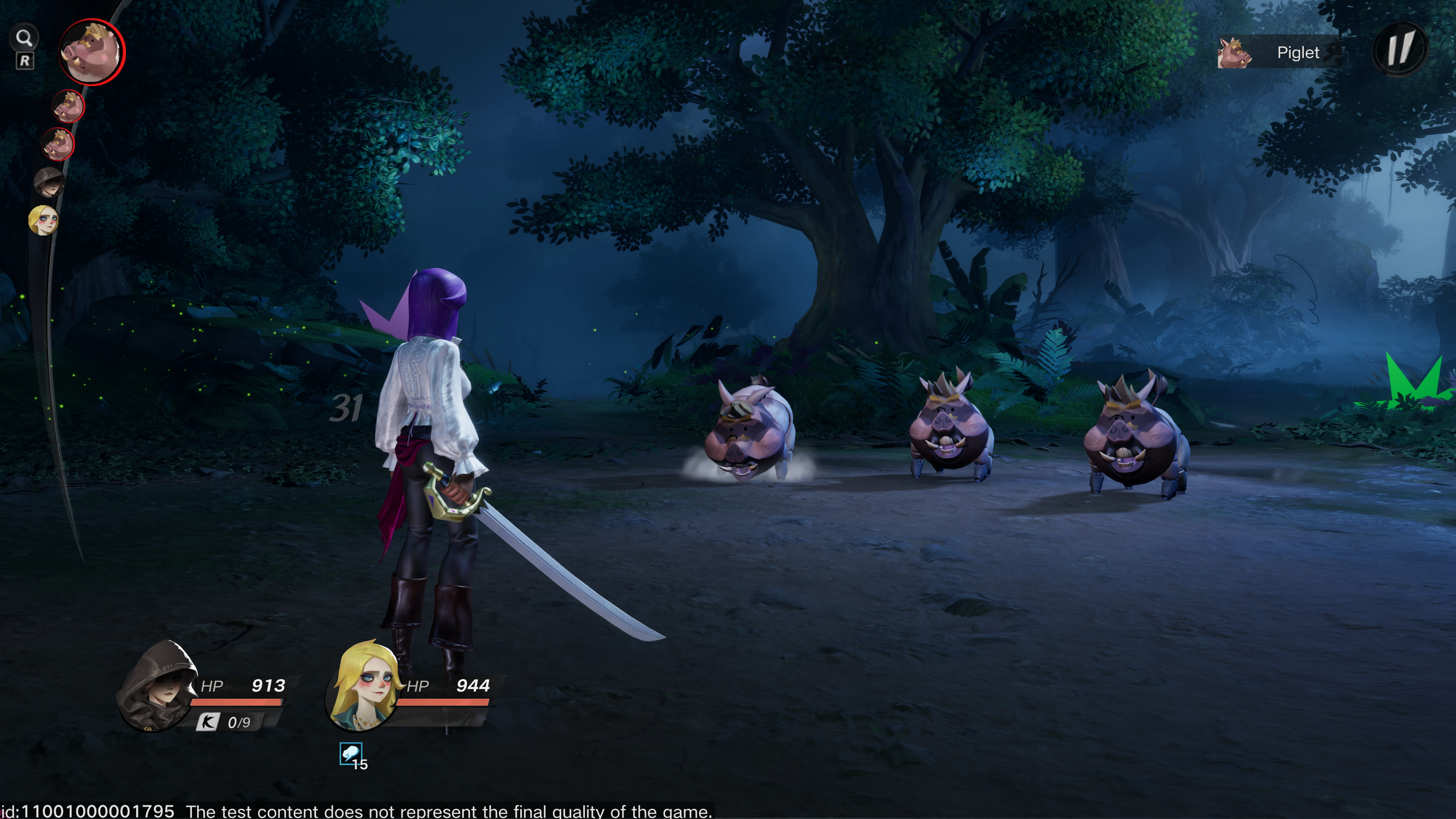 A screenshot of Sea of Remnants. A battle between three pigs and a woman wielding a sword unfolds.