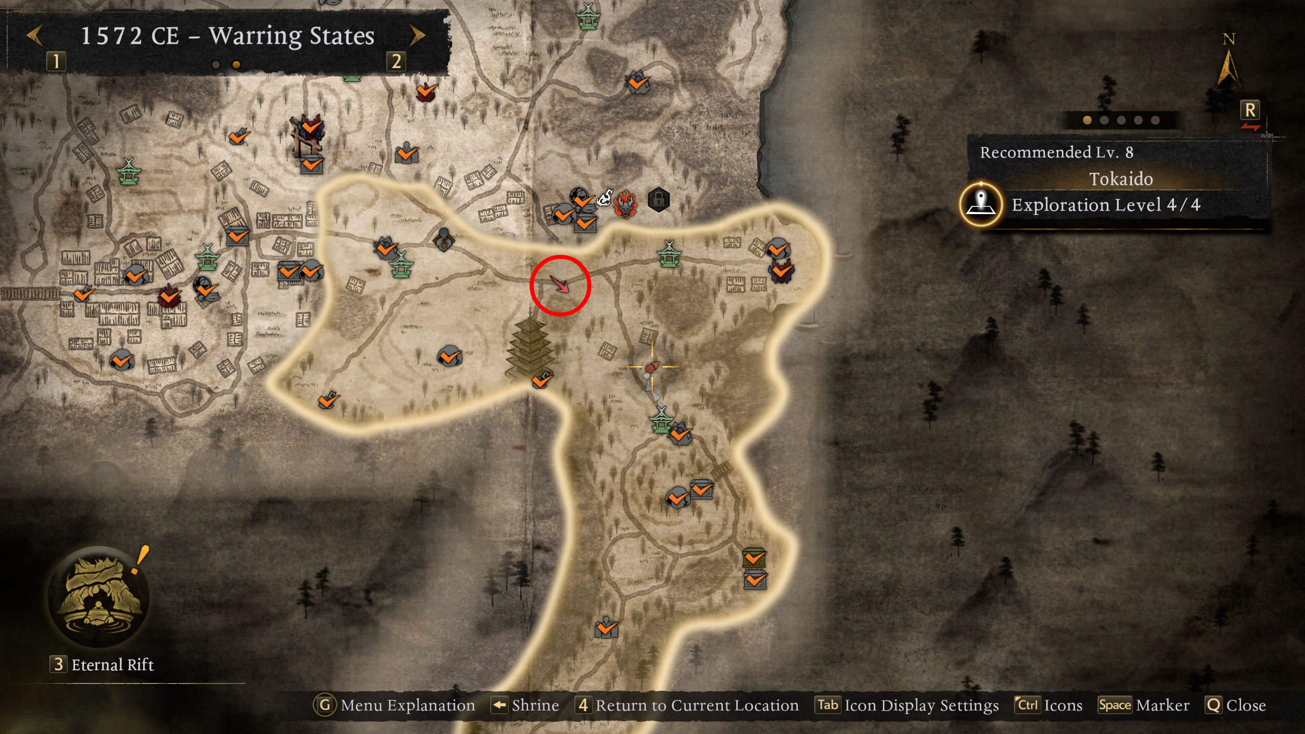 Nioh 3 Bloodedge Demon: A map with a red circle highlighting a red arrow which points in the direction of the Demon's grave.