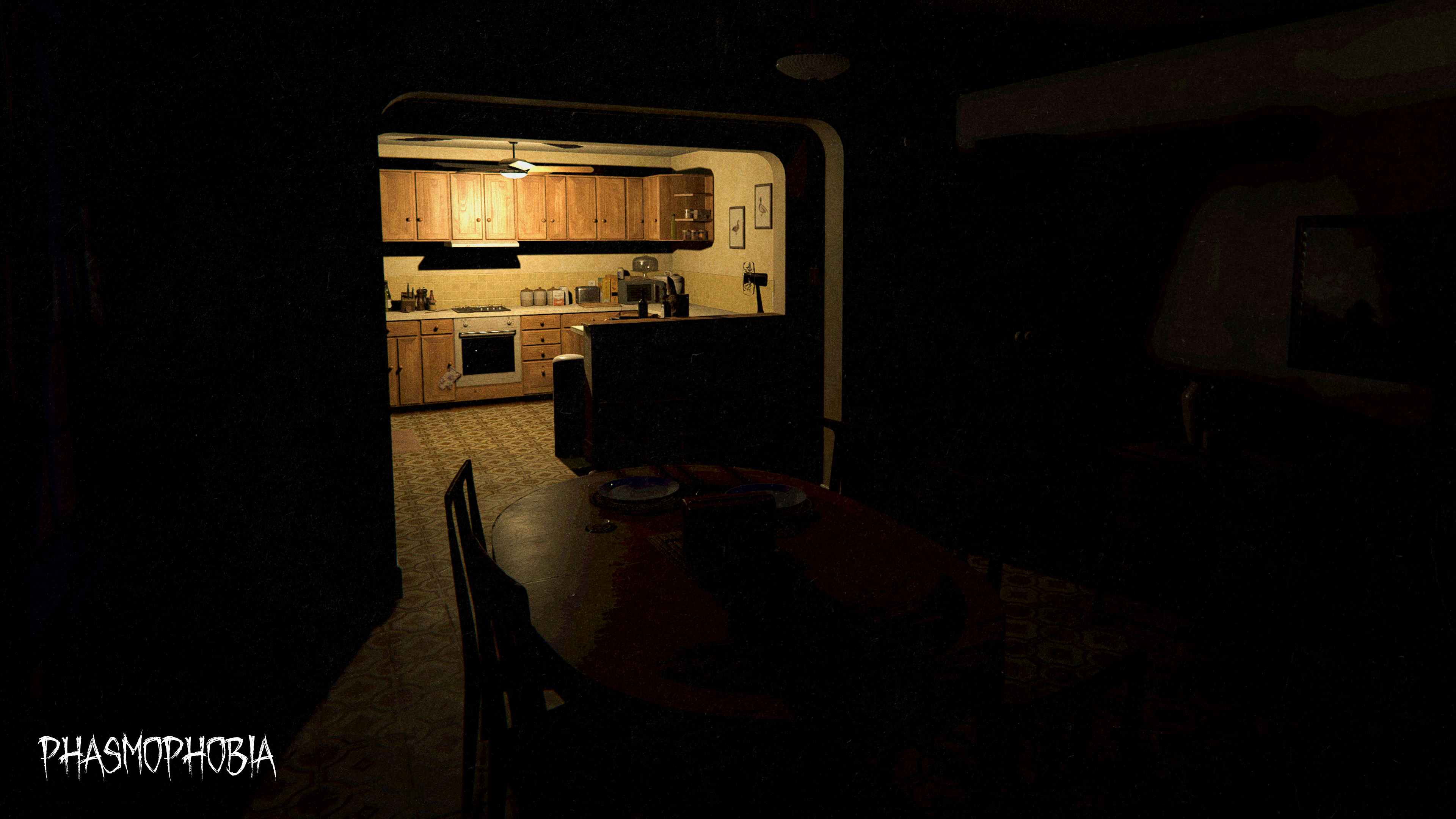 Phasmophobia map 6  Tanglewood Drive  kitchen - A dimly lit cooking area with wooden fixtures, half kitchen island, seemingly taken from dining room perspective