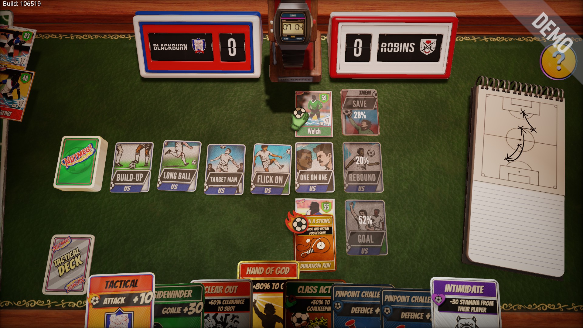 The desk in Nutmeg, a football deck-building game.