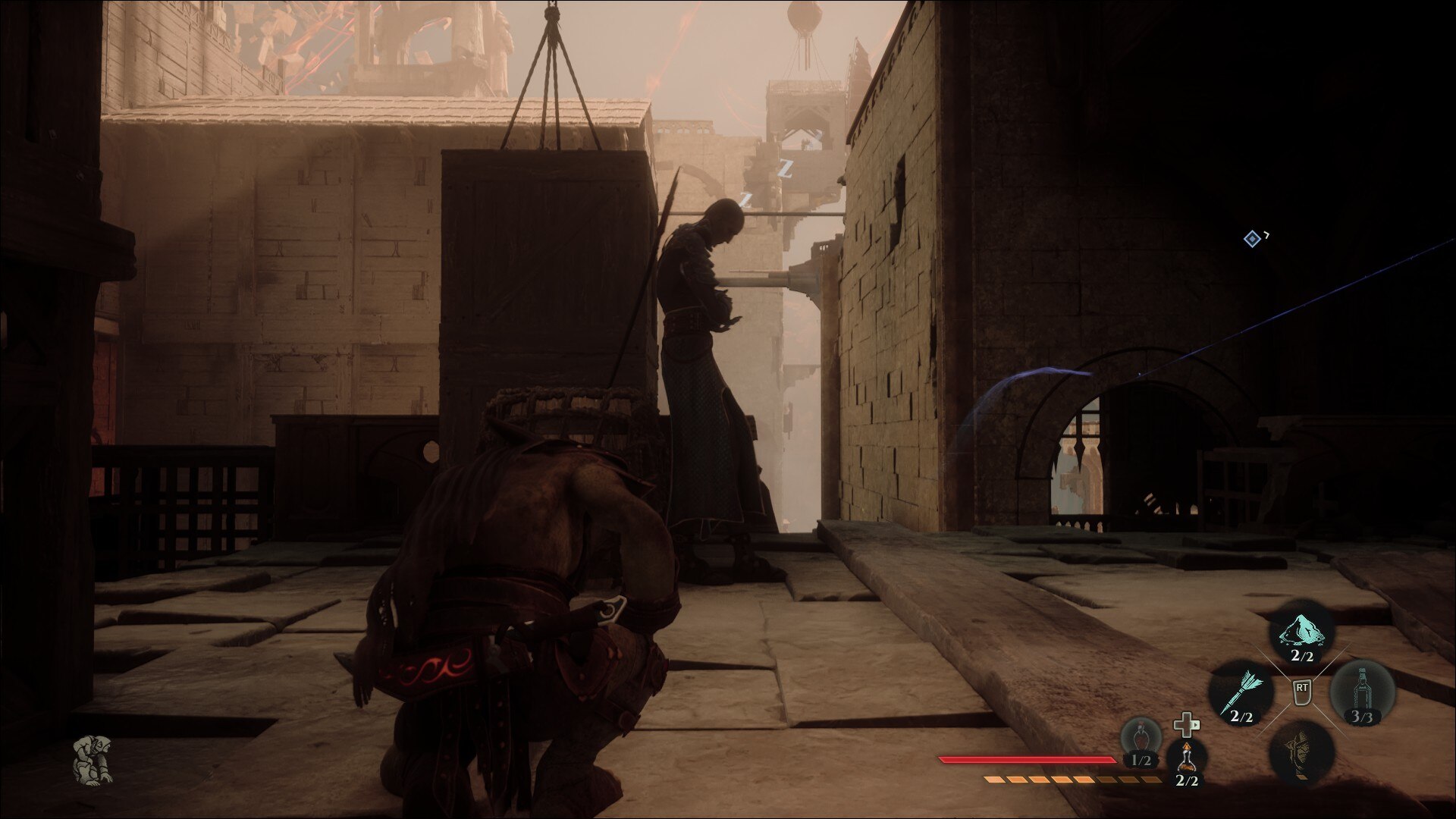 A goblin waits for the right moment to kill a nearby elf