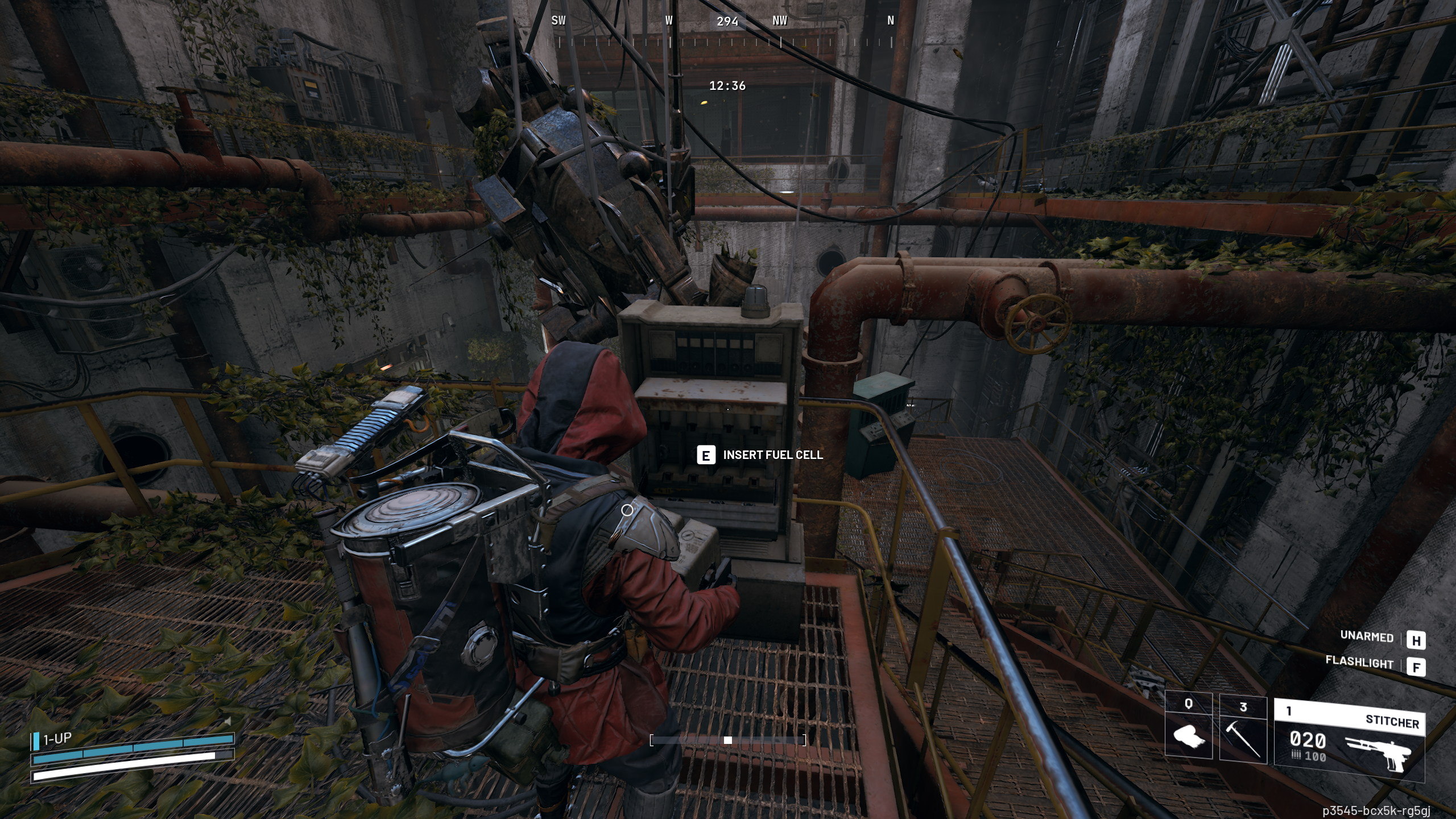 Arc Raiders Controlled Access Zone puzzle: A player looking at an empty fuel cell slot in a machine in an overgrown facility.