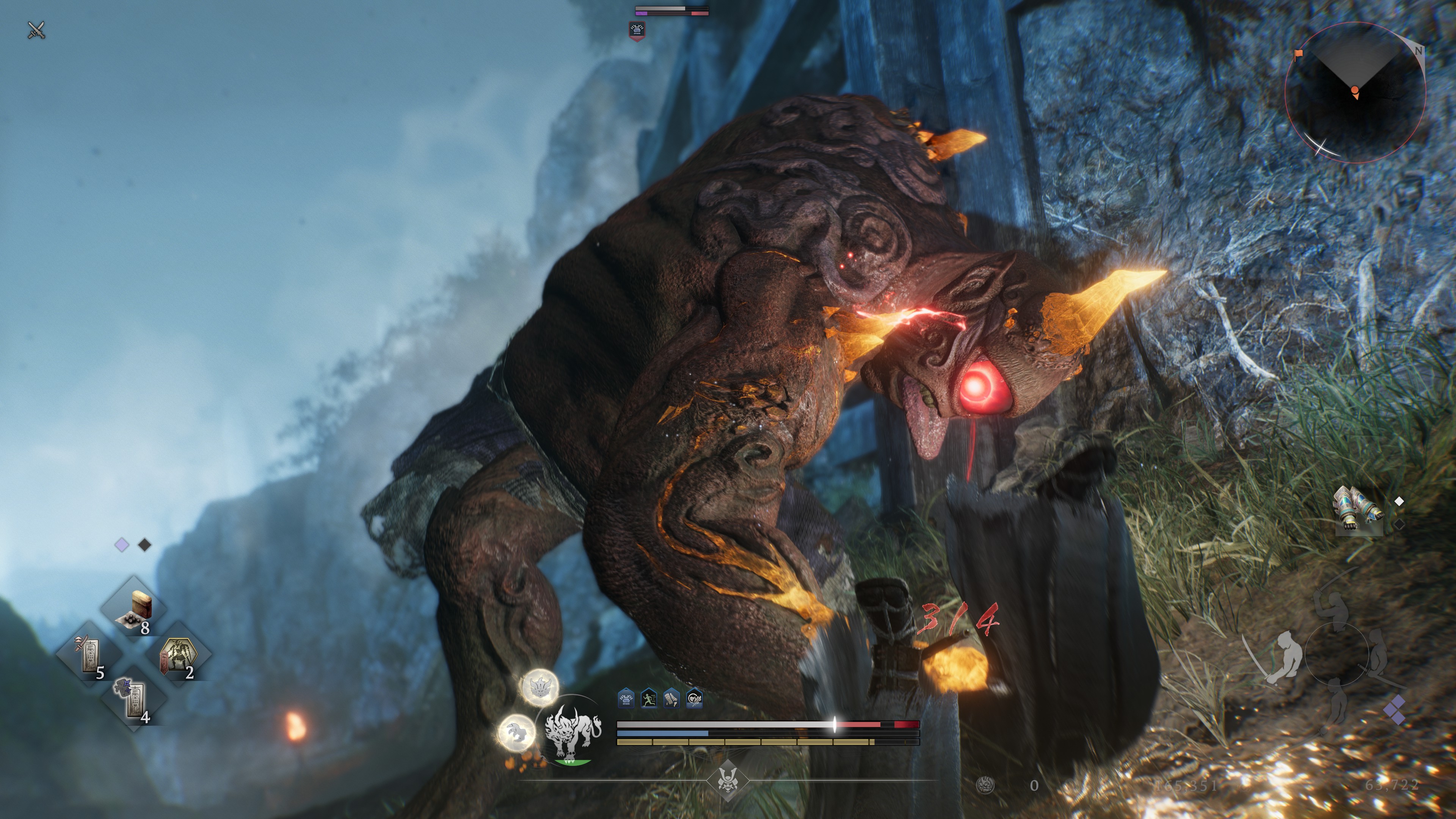A fight with a huge, strange, cyclops-like monster in Nioh 3.