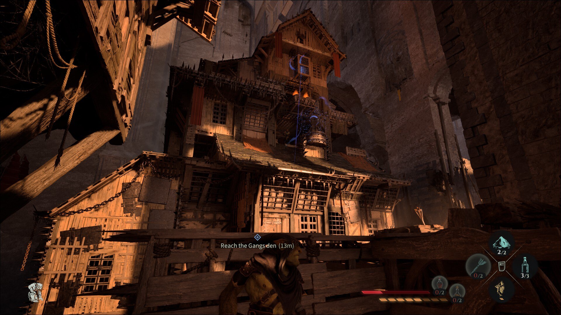 A goblin scopes out a huge gang den