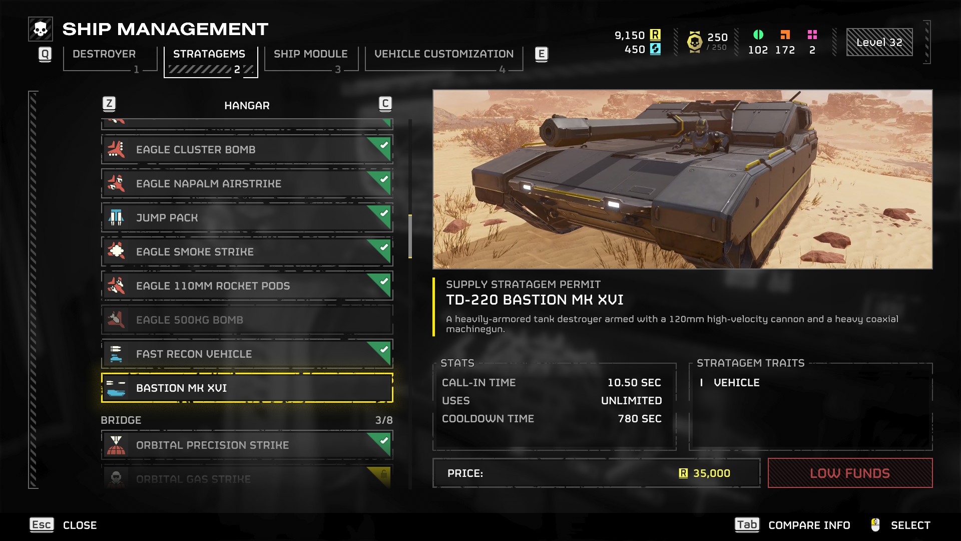 The Bastion tank page on the stratagem purchasing screen in Helldivers 2.