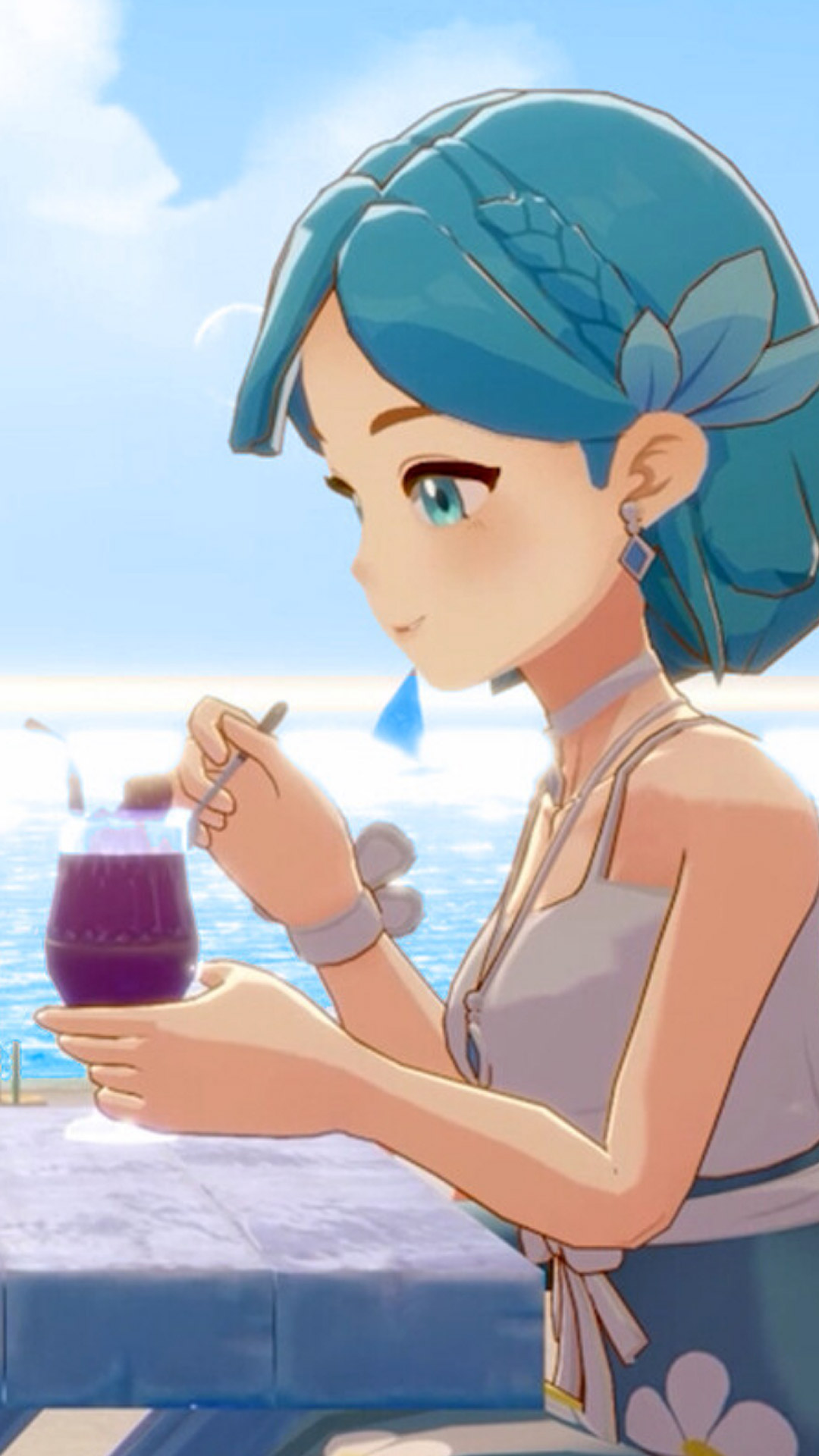 Starseed Island character with blue hair sipping a purple drink on the oceanfront