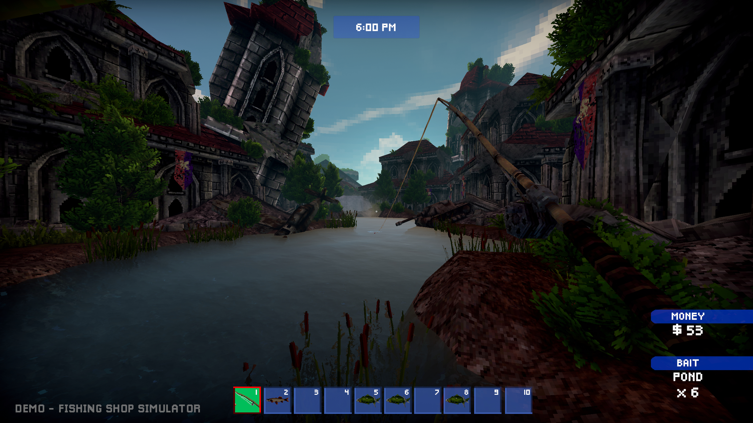 Fishing Shop Simulator: The player fishing in a large pond between ruined buildings.