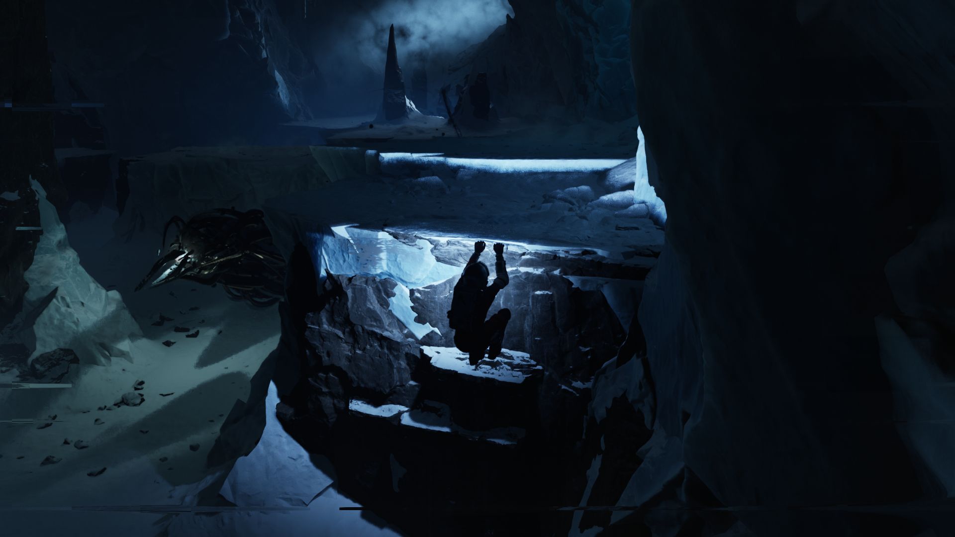 Ariane shimmying along a ledge while being stalked by a monster in Aphelion