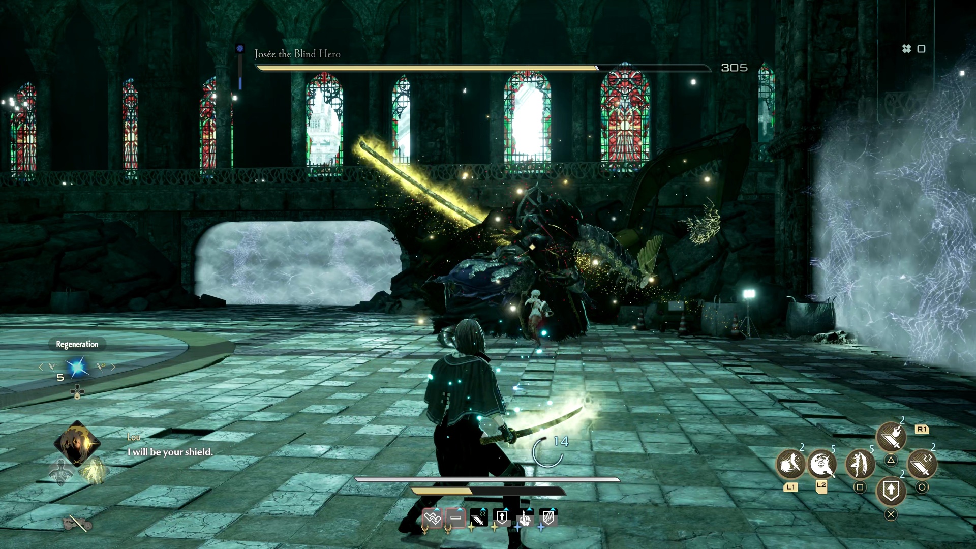 Code Vein 2 Josee: The player avoids as Josee attacks with a glowing yellow sword.