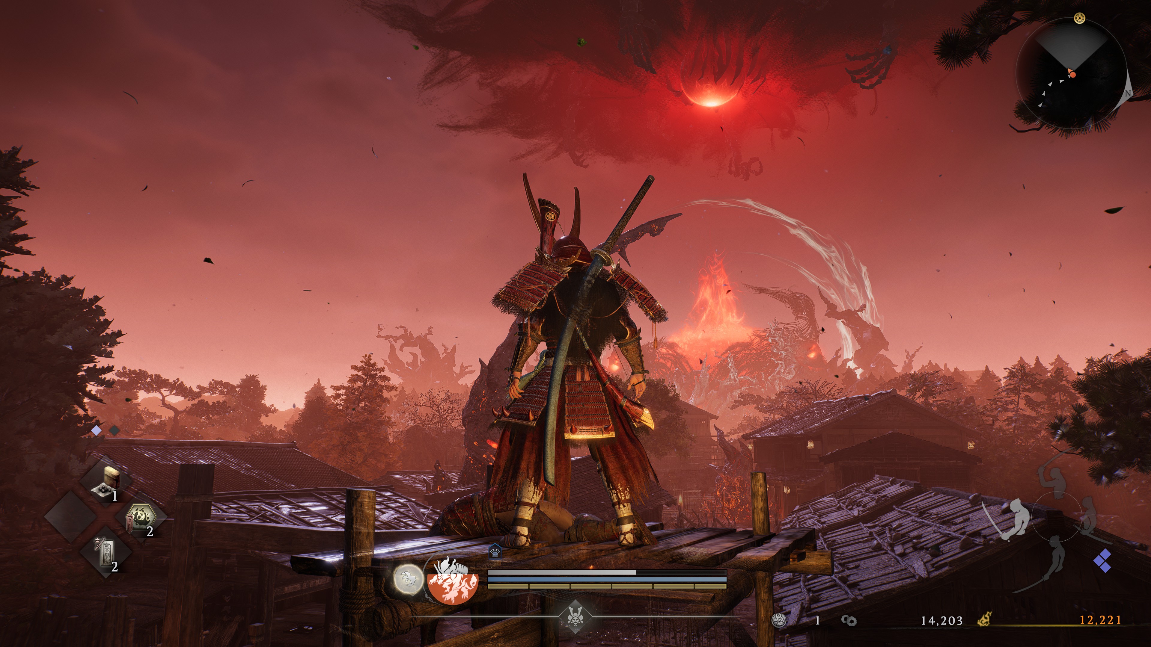 Looking out at a demonic manifestation in the distance in Nioh 3.