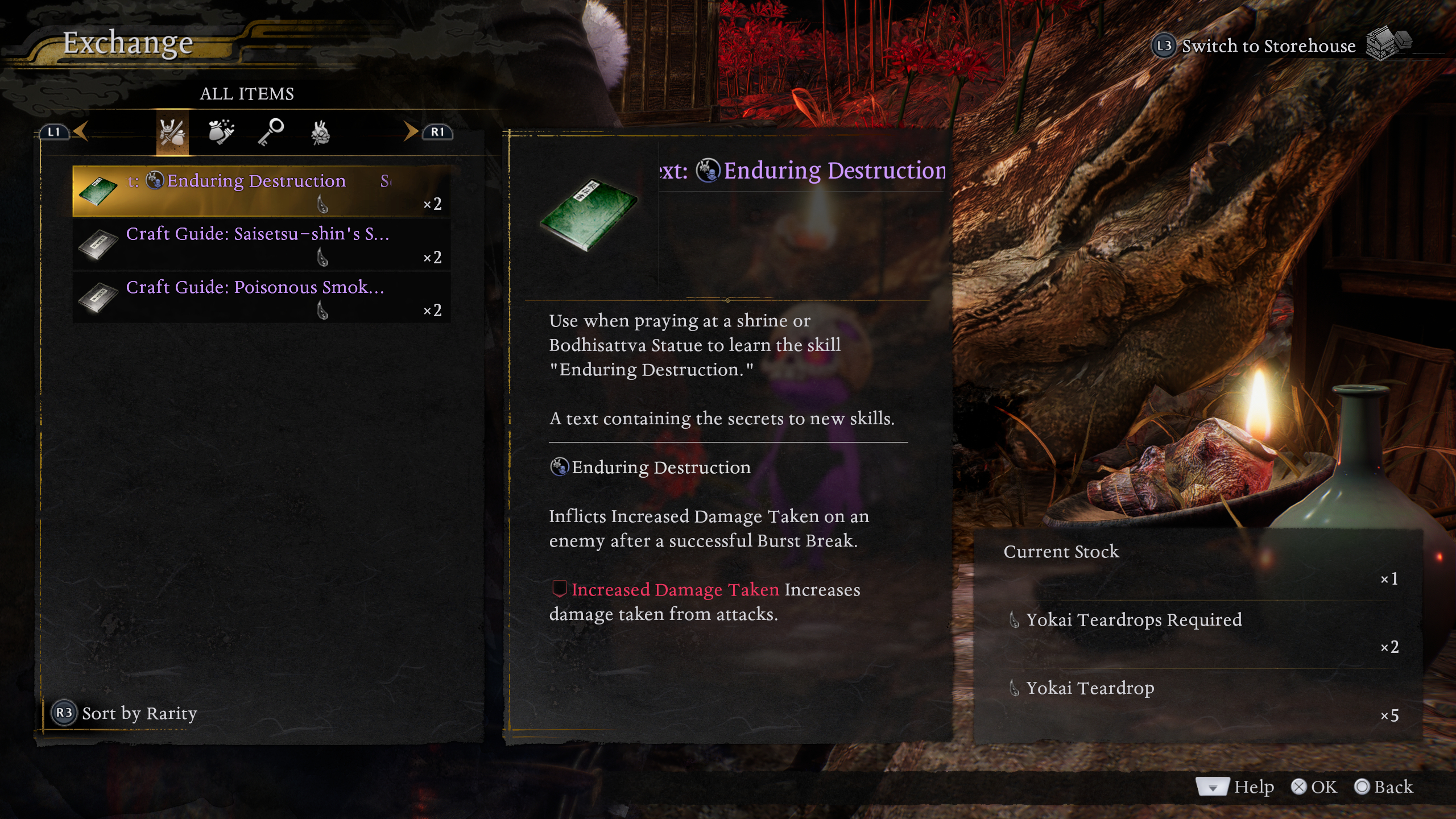 Nioh 3 Jakotsu-baba: The Enduring Destruction skill book in the merchant's inventory.