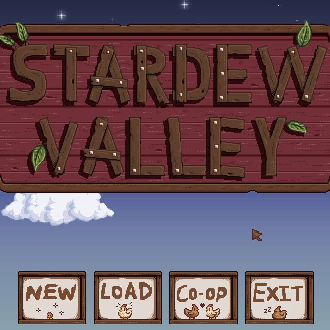 Stardew Valley title screen with an earthy, modded color palette