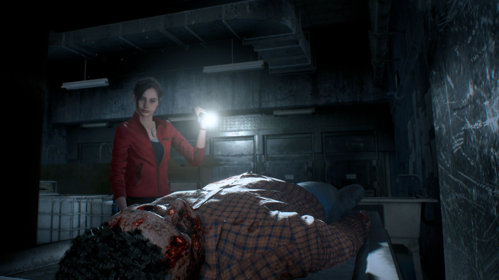 Resident Evil 2 Remake - Claire shining her flashlight at a corpse