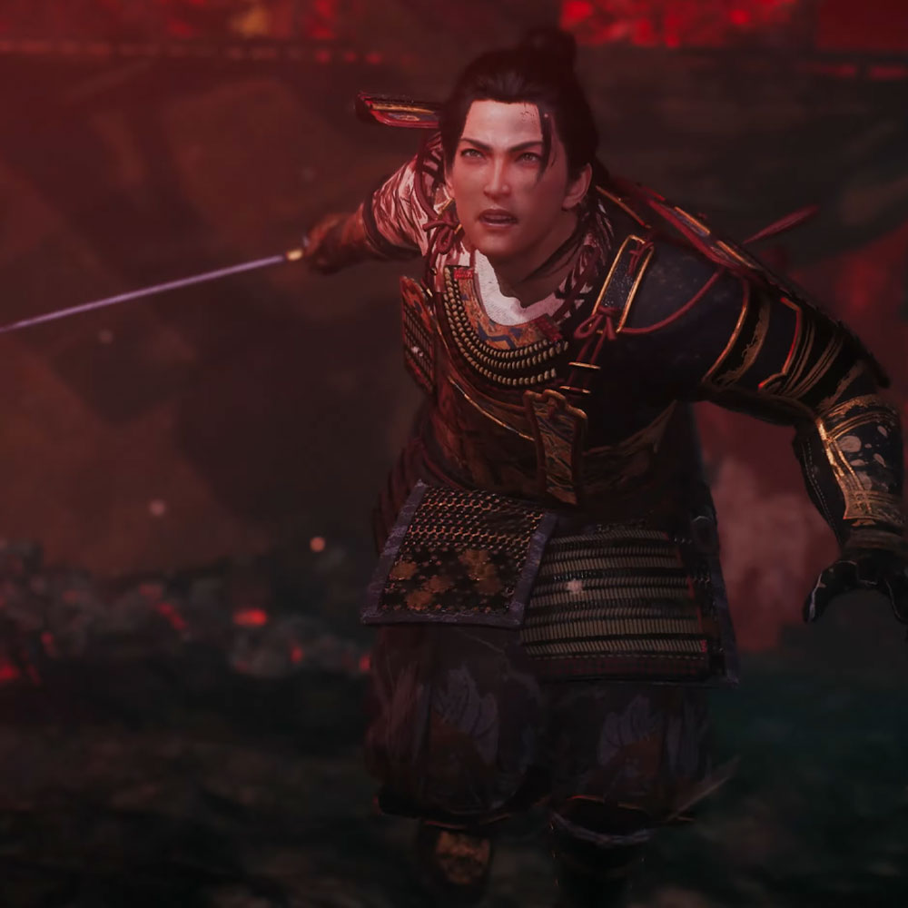 Tokugawa Takechiyo with a sword running at someone in Nioh 3