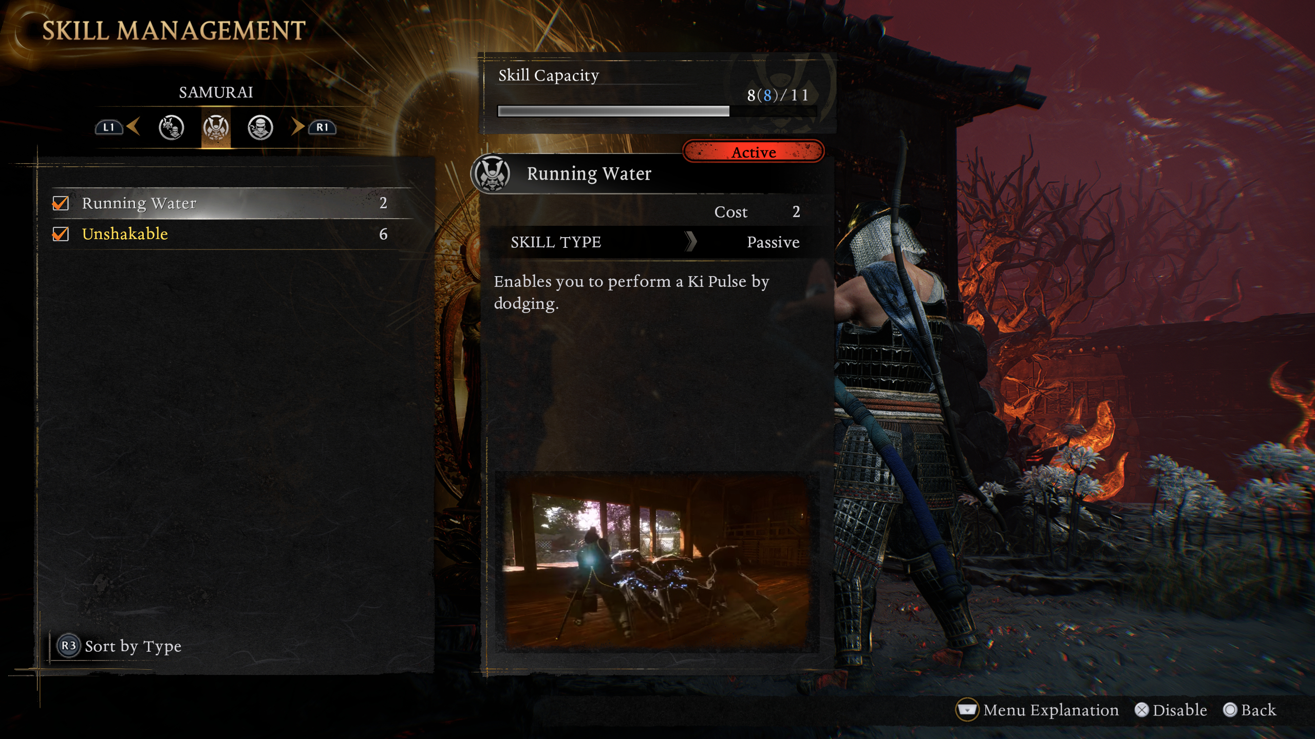 Nioh 3: The Running Water ability in the skill management screen.