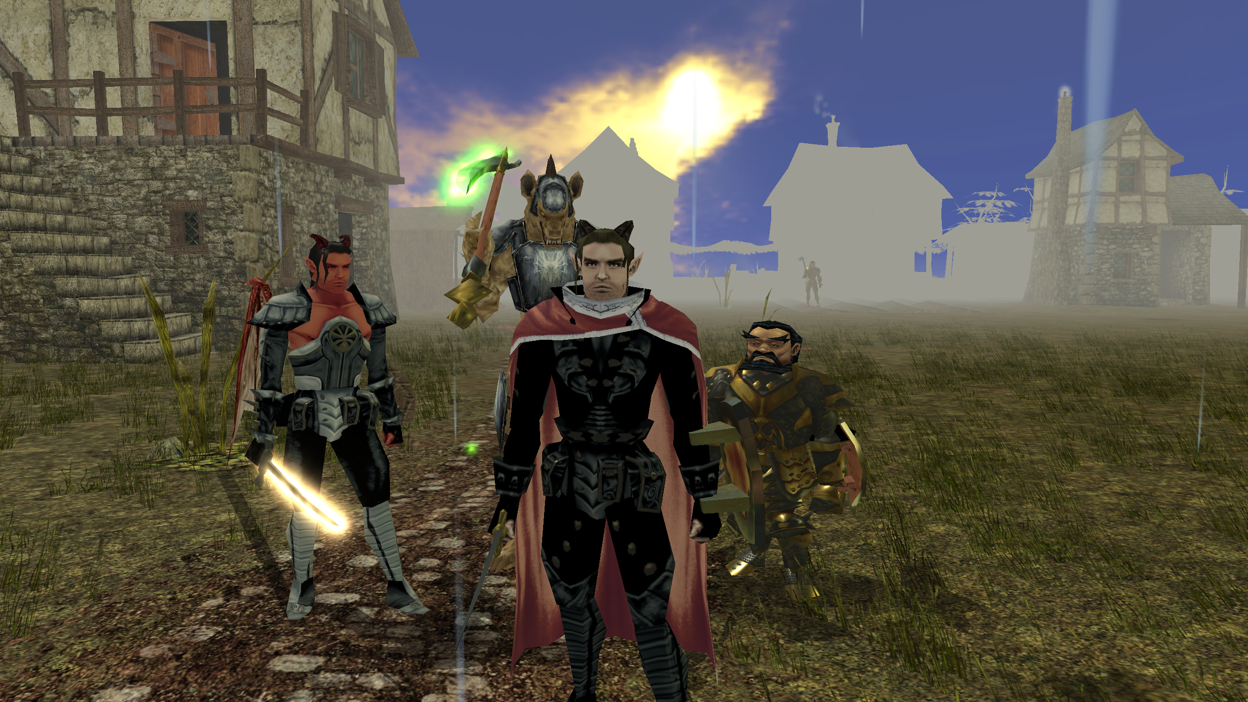 Neverwinter Nights party zoomed in close, two tieflings, gnoll, and dwarf