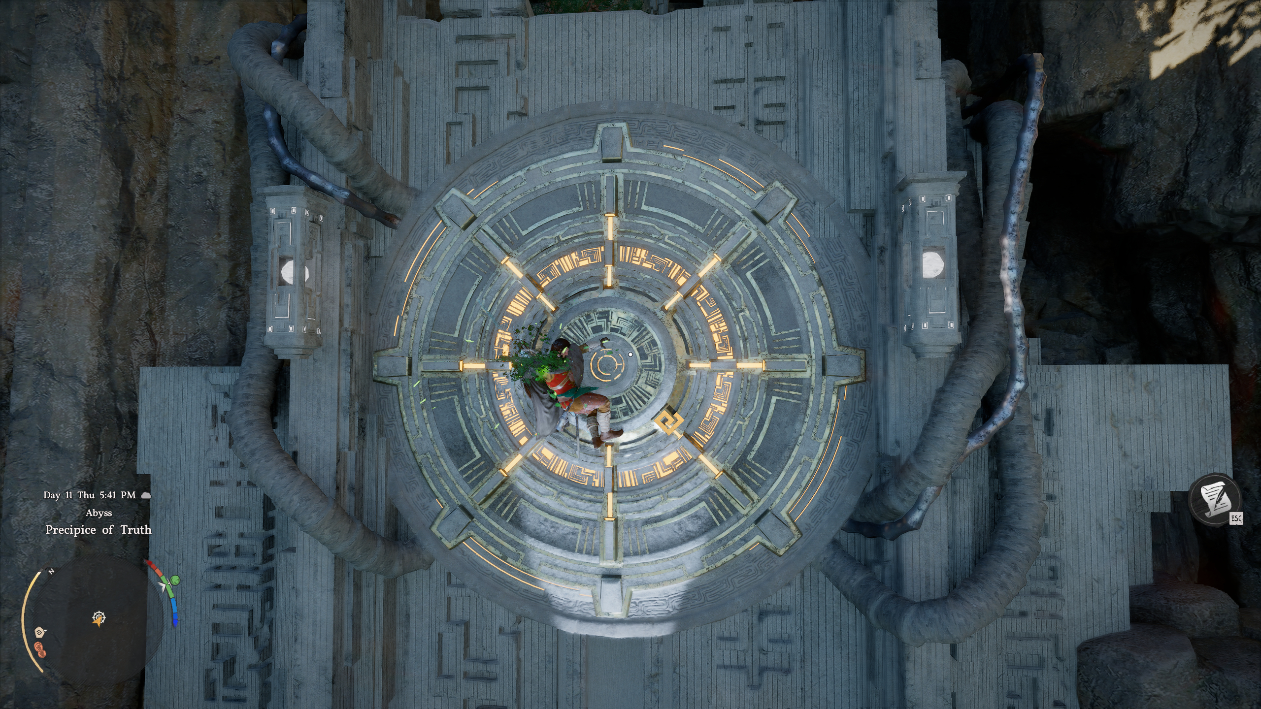 Crimson Desert Precipice of Truth: Kliff holding onto a circular pressure pad on a wall.