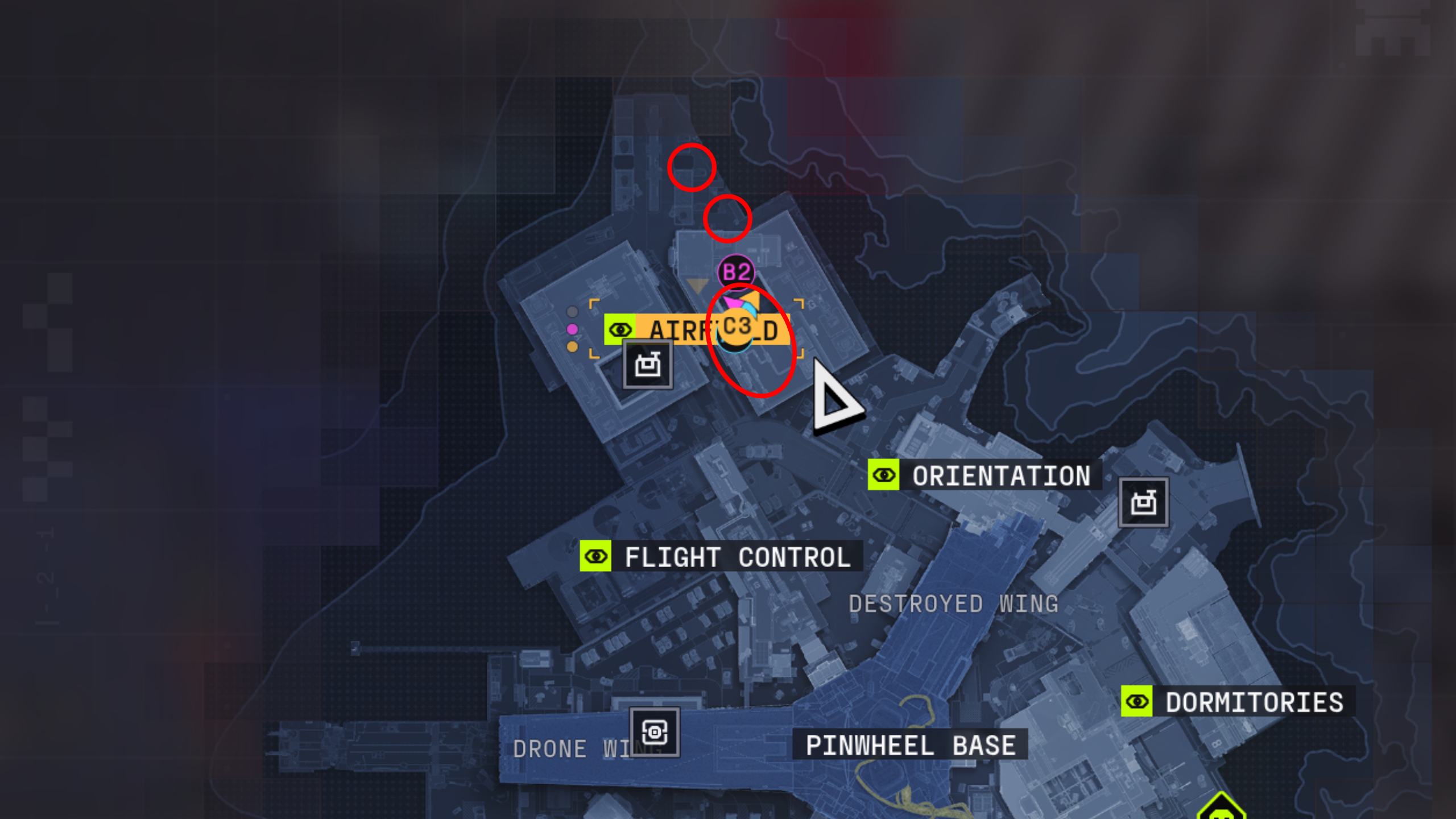 Marathon Protect/Destroy 4: A map of Outpost with three red circles showing the location of the tagged containers in Airfield.