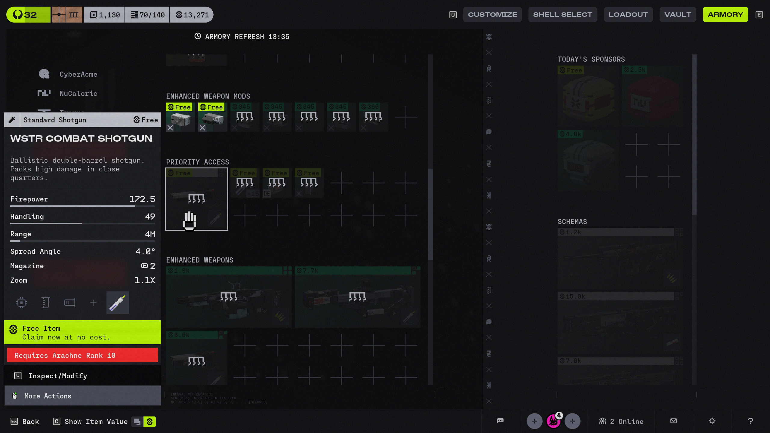 Marathon Priority Access: The Priority Access section of the Armory, showing the WSTR Combat Shotgun on offer by Arachne.
