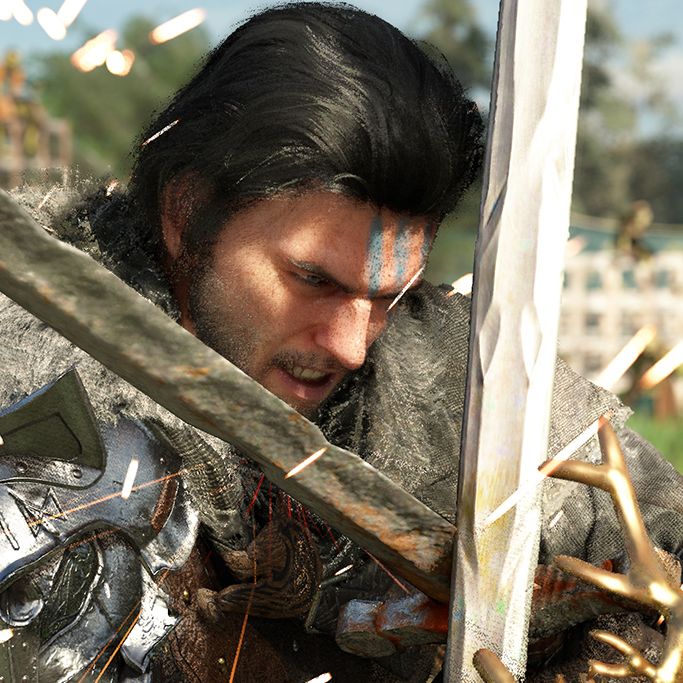 Crimson Desert's player character clashes swords with an enemy.